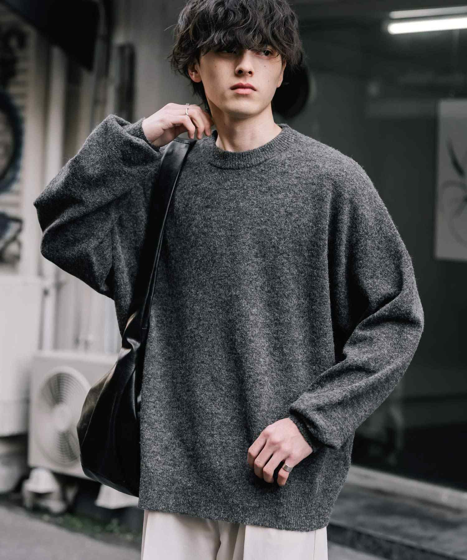 ロッキーモンロー Rocky Monroe ニット セーター 無地 メンズ レディース 長袖 天竺編み ウール混 メランジ オーバーサイズ リラックス クルーネック プルオーバー 暖かい 14714 (マスタード) マスタード