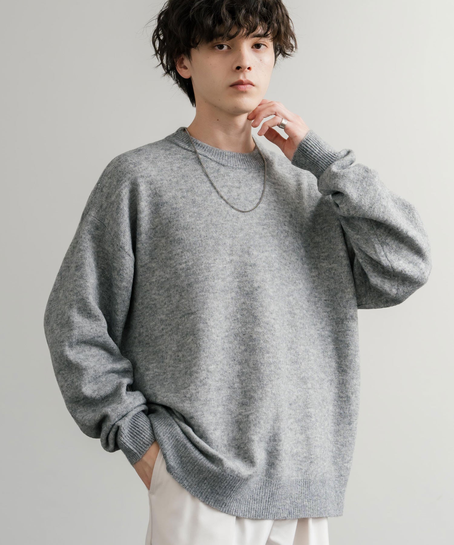 ロッキーモンロー Rocky Monroe ニット セーター 無地 メンズ レディース 長袖 天竺編み ウール混 メランジ オーバーサイズ リラックス クルーネック プルオーバー 暖かい 14714 (グレー) グレー