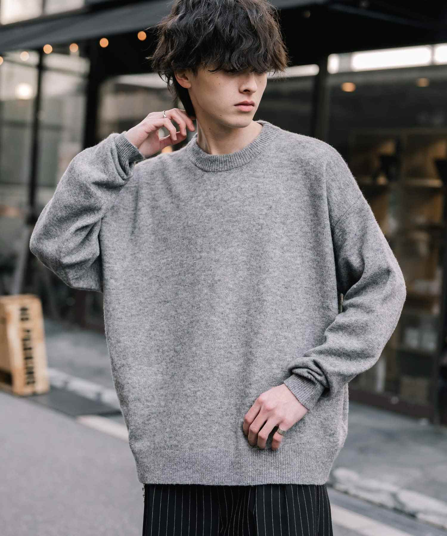 ロッキーモンロー Rocky Monroe ニット セーター 無地 メンズ レディース 長袖 天竺編み ウール混 メランジ オーバーサイズ リラックス クルーネック プルオーバー 暖かい 14714 (グレー) グレー