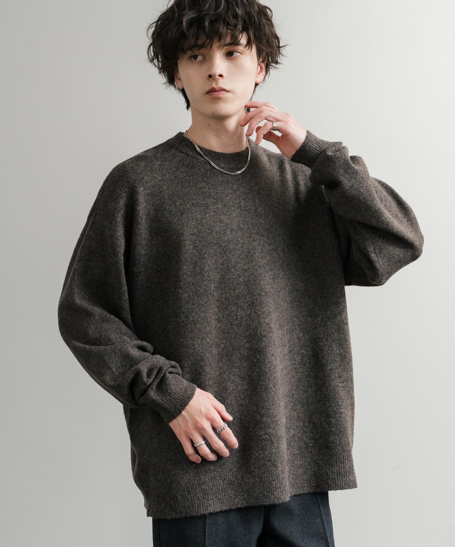 ロッキーモンロー Rocky Monroe ニット セーター 無地 メンズ レディース 長袖 天竺編み ウール混 メランジ オーバーサイズ リラックス クルーネック プルオーバー 暖かい 14714 (ブラウン) ブラウン