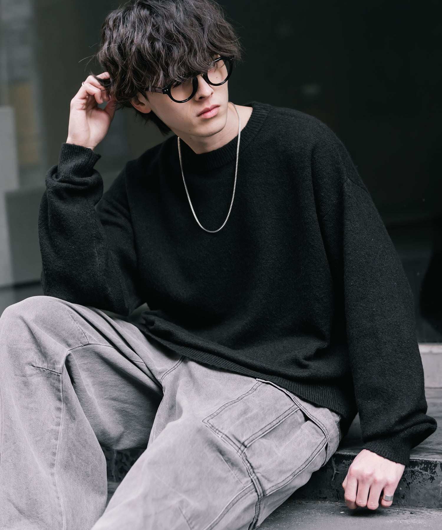 ロッキーモンロー Rocky Monroe ニット セーター 無地 メンズ レディース 長袖 天竺編み ウール混 メランジ オーバーサイズ リラックス クルーネック プルオーバー 暖かい 14714 (ブラック) ブラック