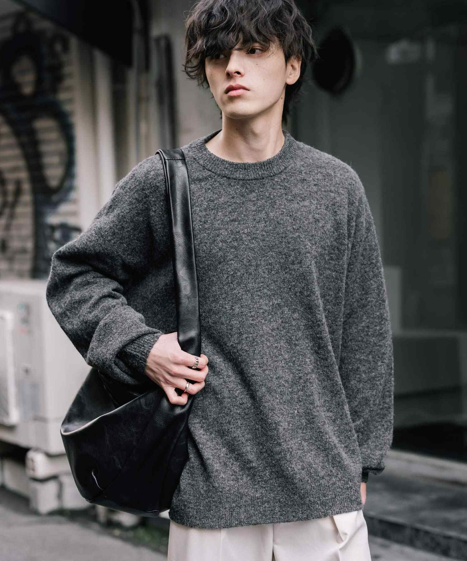 ロッキーモンロー Rocky Monroe ニット セーター 無地 メンズ レディース 長袖 天竺編み ウール混 メランジ オーバーサイズ リラックス クルーネック プルオーバー 暖かい 14714 (チャコール) チャコール