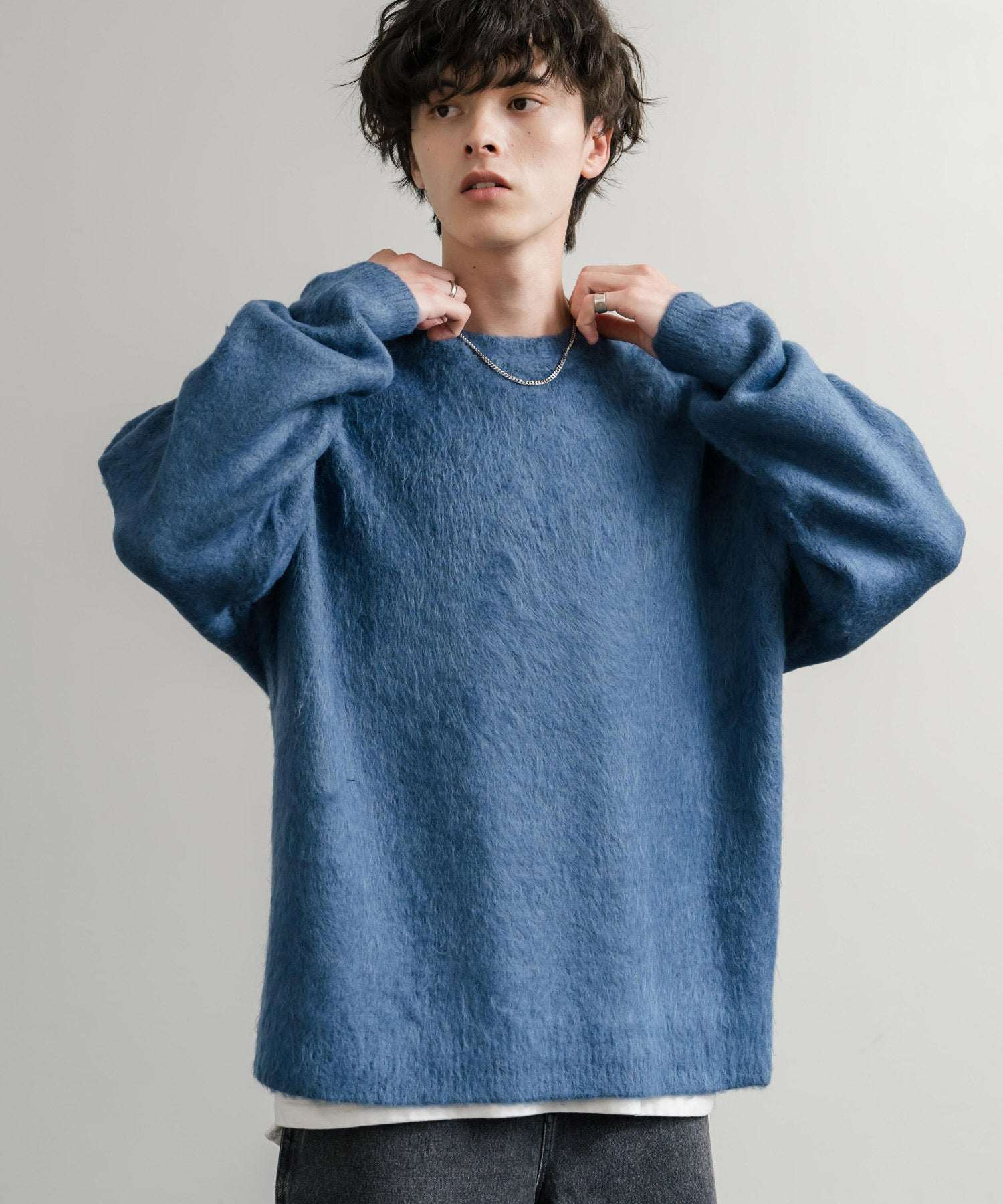 ロッキーモンロー Rocky Monroe シャギーニット セーター 無地 メンズ レディース モヘアタッチ オーバーサイズ ルーズ リラックス ゆったり クルーネック シンプル 暖かい 秋冬 14549 (ブルー) ブルー