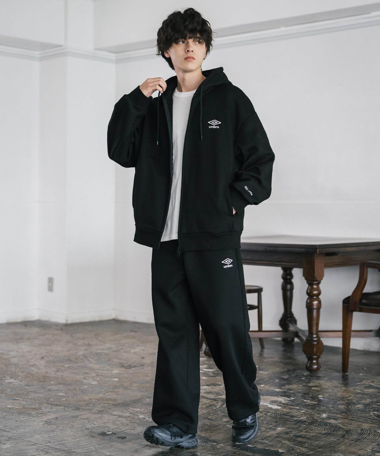 ロッキーモンロー Rocky Monroe UMBRO アンブロ ワイドパンツ スウェット 裏起毛 メンズ レディース ストレート イージー 裾絞り ロゴ刺繍 別注 カジュアル ルームウェア 14944 (ブラック) ブラック