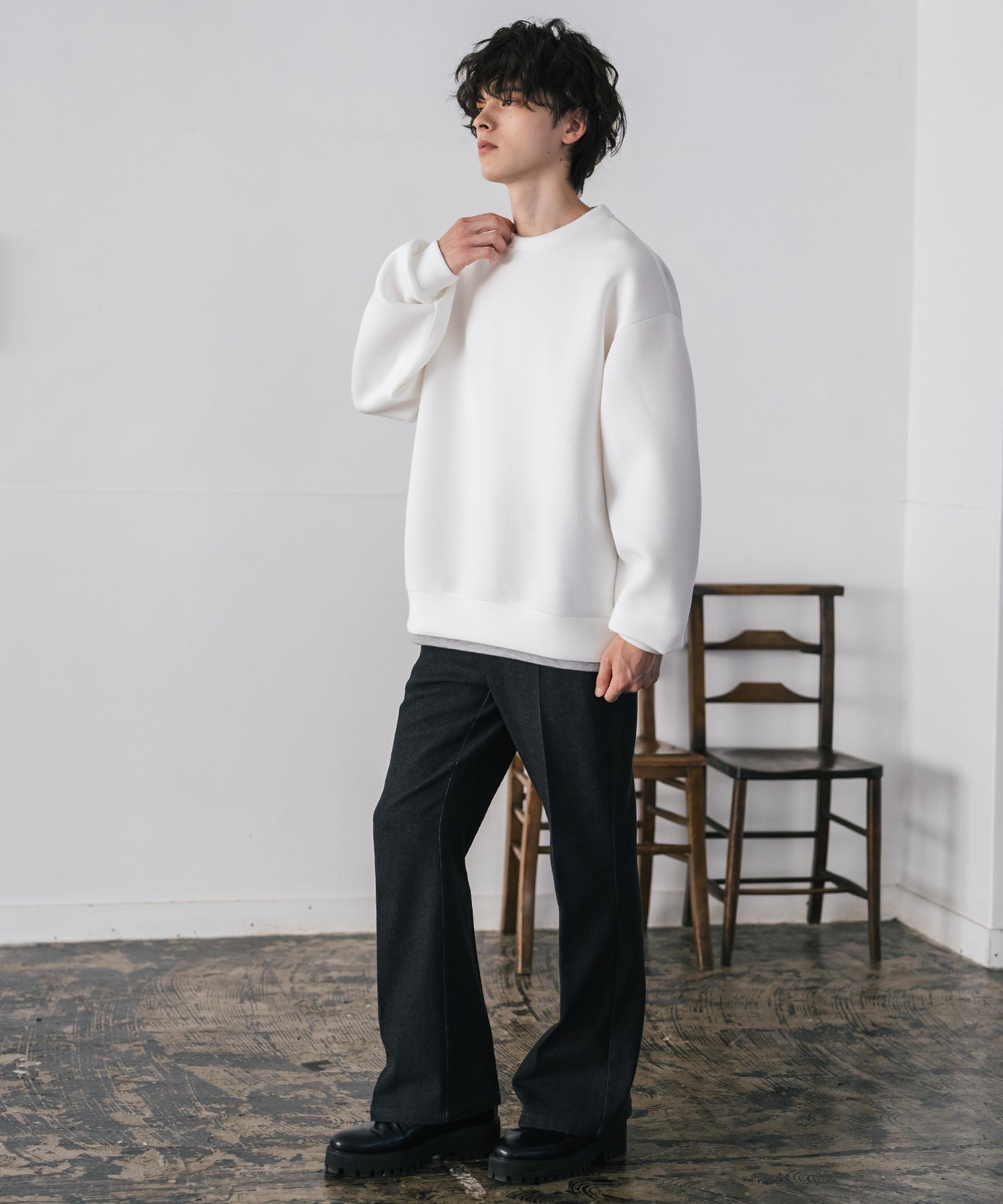 ロッキーモンロー Rocky Monroe ダンボールニット トレーナー プルオーバー 無地 メンズ レディース フェイクレイヤード クルーネック ペールトーン オーバーサイズ ルーズ 14657 (ホワイト) ホワイト