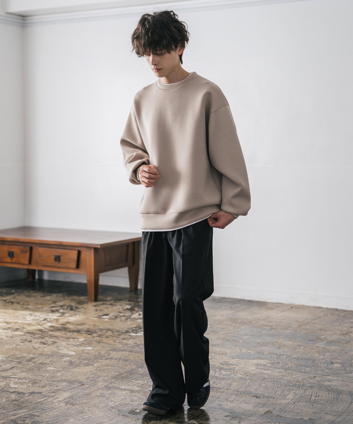 ロッキーモンロー Rocky Monroe ダンボールニット トレーナー プルオーバー 無地 メンズ レディース フェイクレイヤード クルーネック ペールトーン オーバーサイズ ルーズ 14657 (ホワイト) ホワイト