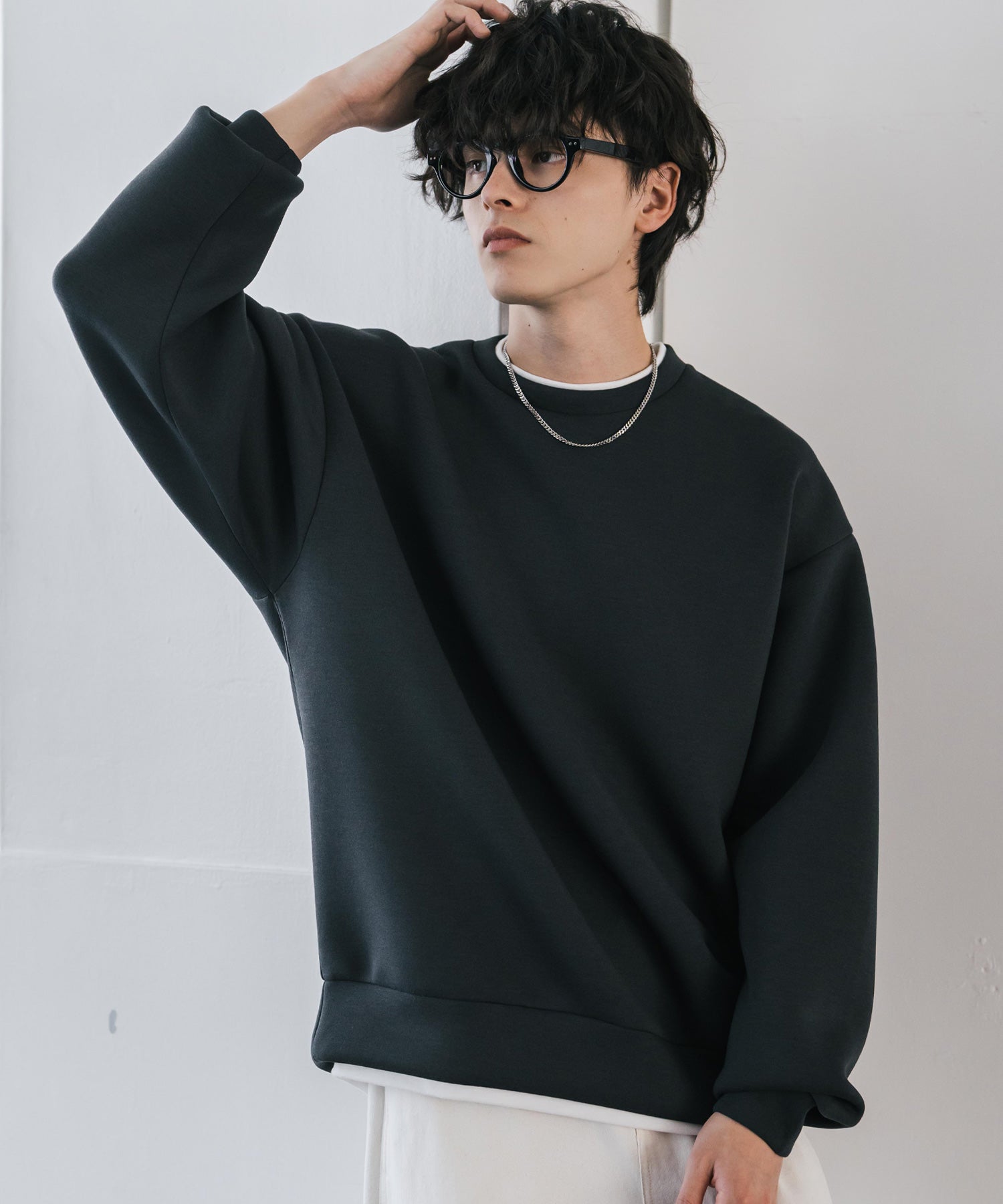 ロッキーモンロー Rocky Monroe ダンボールニット トレーナー プルオーバー 無地 メンズ レディース フェイクレイヤード クルーネック ペールトーン オーバーサイズ ルーズ 14657 (ホワイト) ホワイト