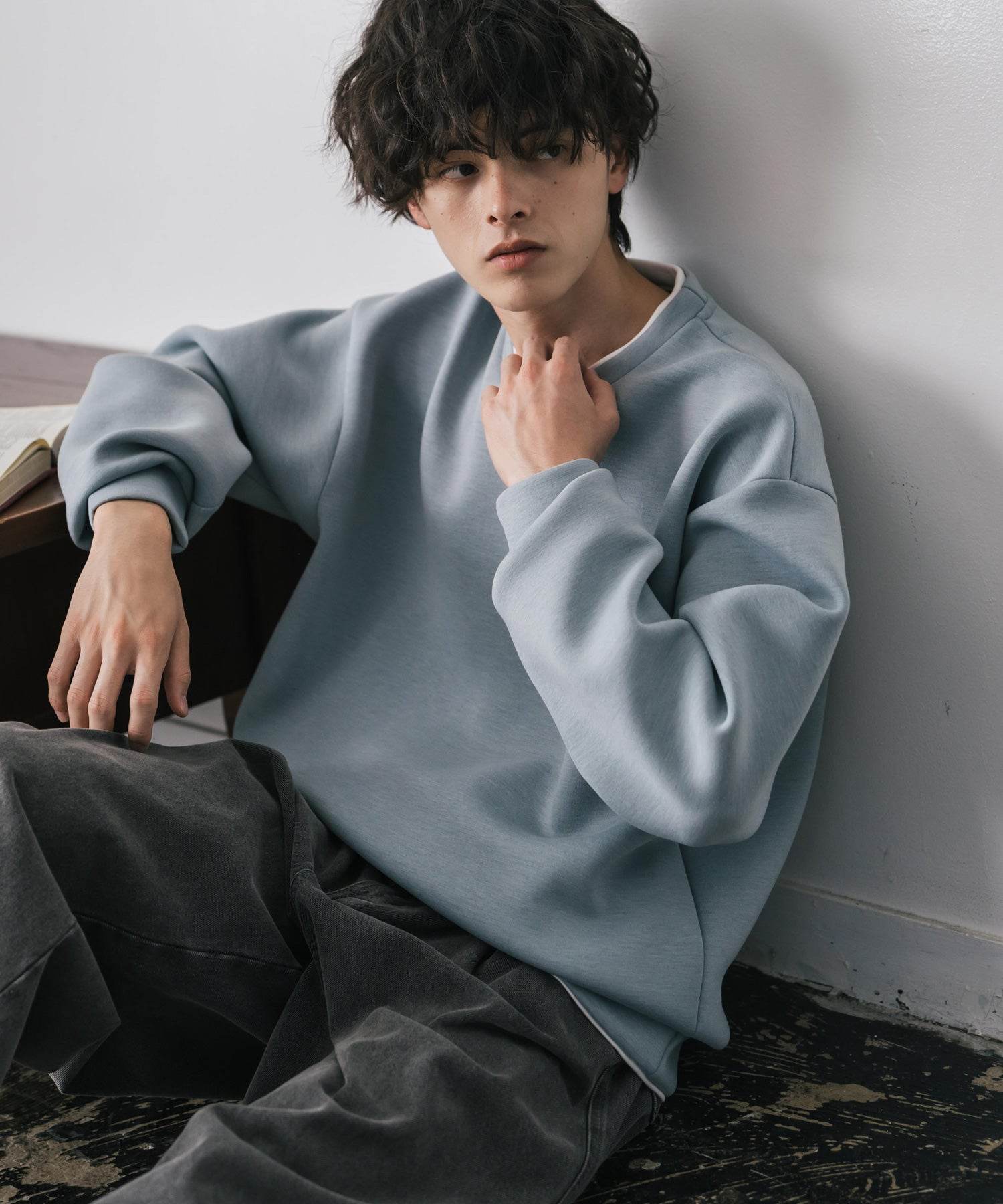 ロッキーモンロー Rocky Monroe ダンボールニット トレーナー プルオーバー 無地 メンズ レディース フェイクレイヤード クルーネック ペールトーン オーバーサイズ ルーズ 14657 (ホワイト) ホワイト