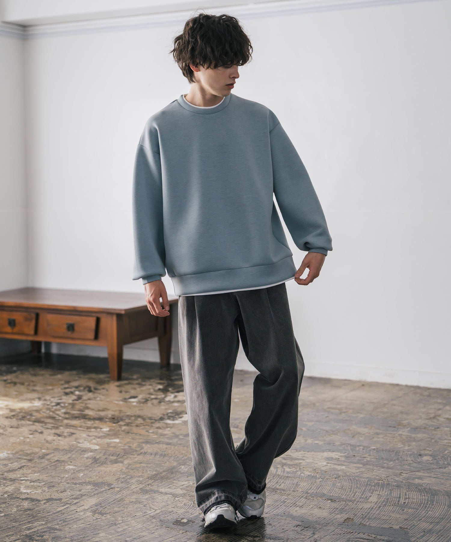 ロッキーモンロー Rocky Monroe ダンボールニット トレーナー プルオーバー 無地 メンズ レディース フェイクレイヤード クルーネック ペールトーン オーバーサイズ ルーズ 14657 (ホワイト) ホワイト