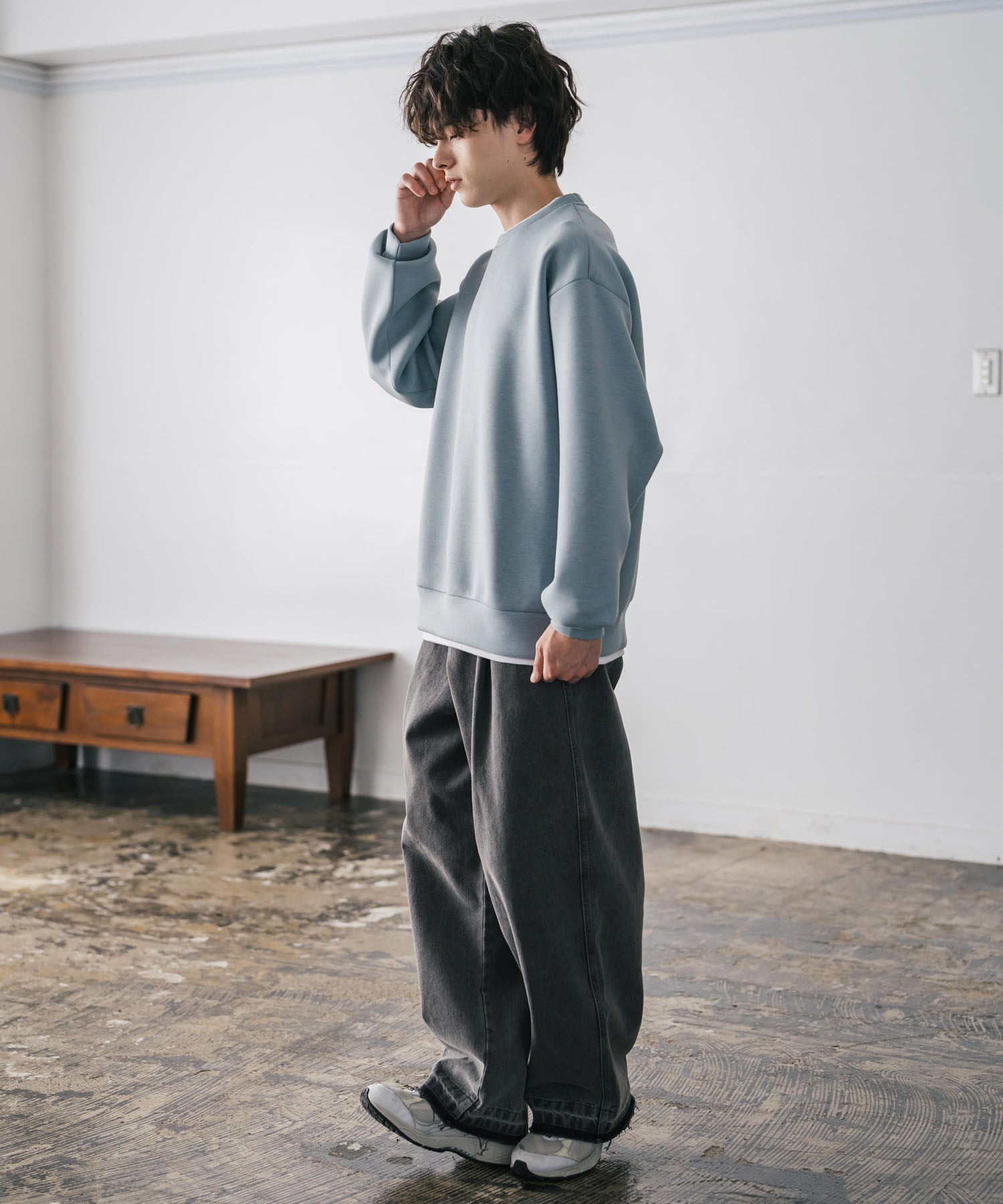 ロッキーモンロー Rocky Monroe ダンボールニット トレーナー プルオーバー 無地 メンズ レディース フェイクレイヤード クルーネック ペールトーン オーバーサイズ ルーズ 14657 (ホワイト) ホワイト