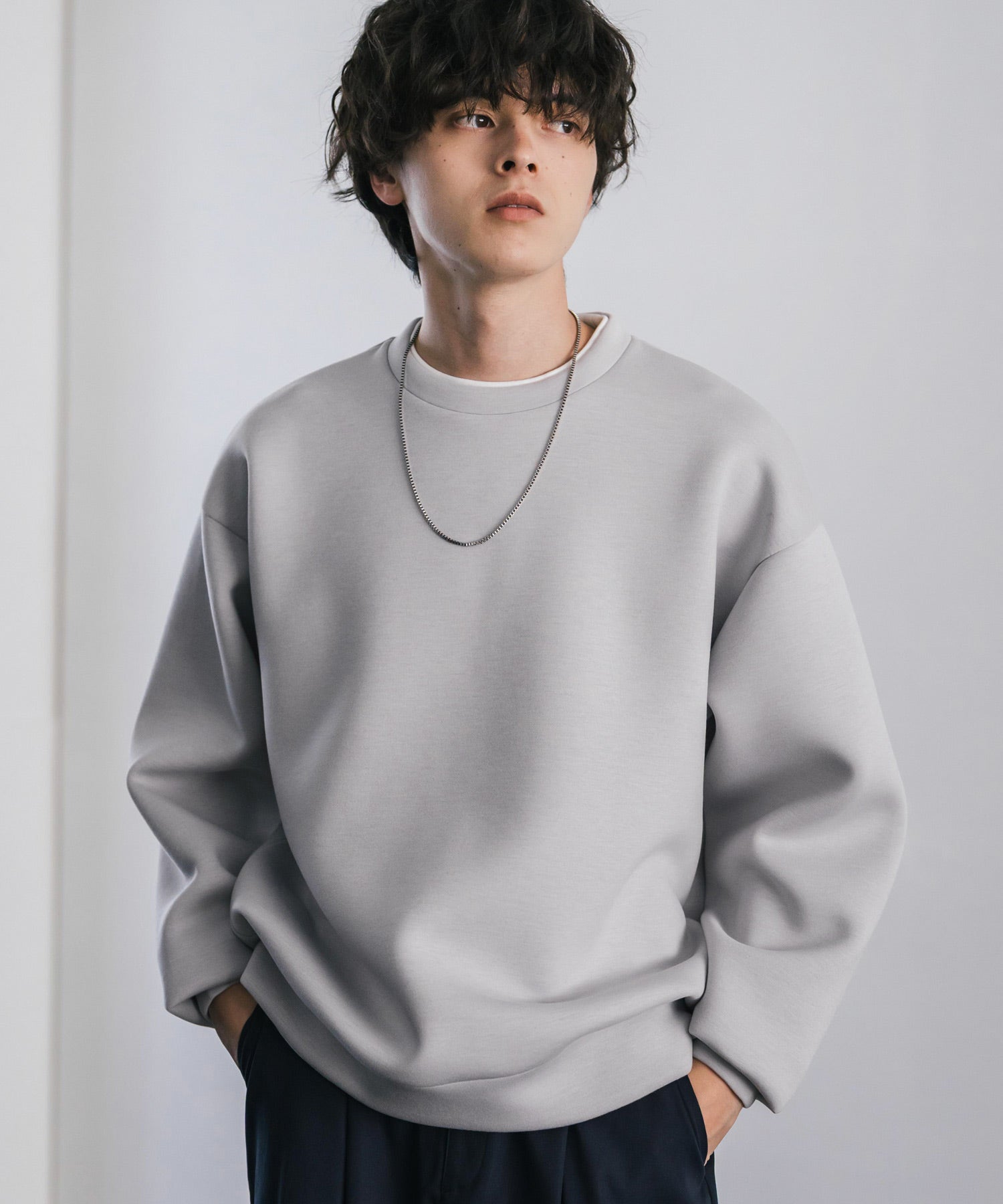 ロッキーモンロー Rocky Monroe ダンボールニット トレーナー プルオーバー 無地 メンズ レディース フェイクレイヤード クルーネック ペールトーン オーバーサイズ ルーズ 14657 (ホワイト) ホワイト