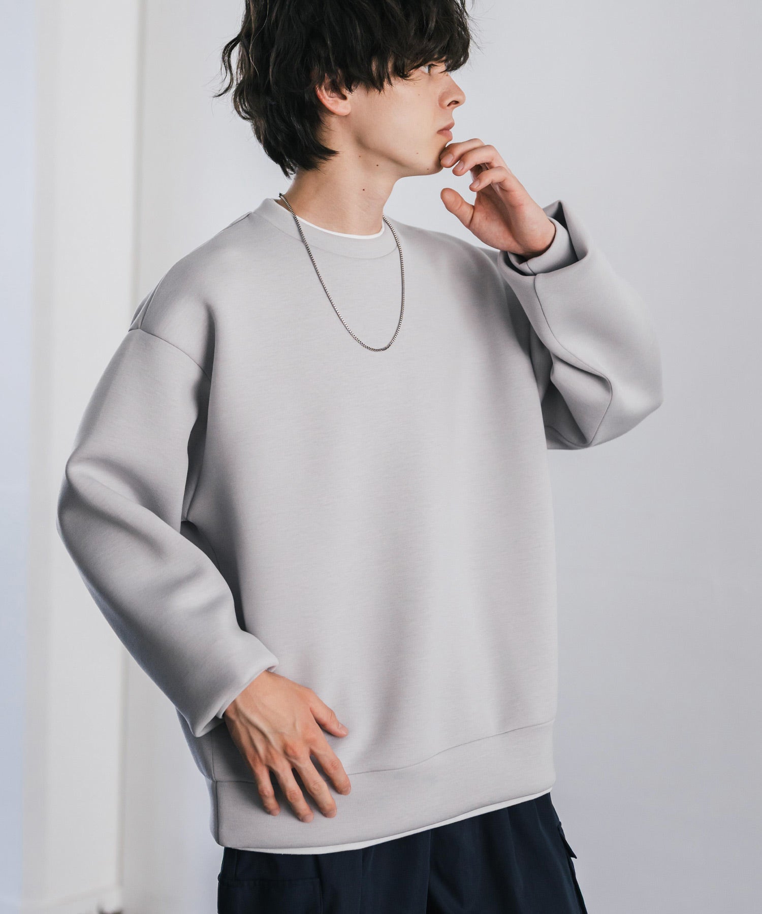 ロッキーモンロー Rocky Monroe ダンボールニット トレーナー プルオーバー 無地 メンズ レディース フェイクレイヤード クルーネック ペールトーン オーバーサイズ ルーズ 14657 (ホワイト) ホワイト