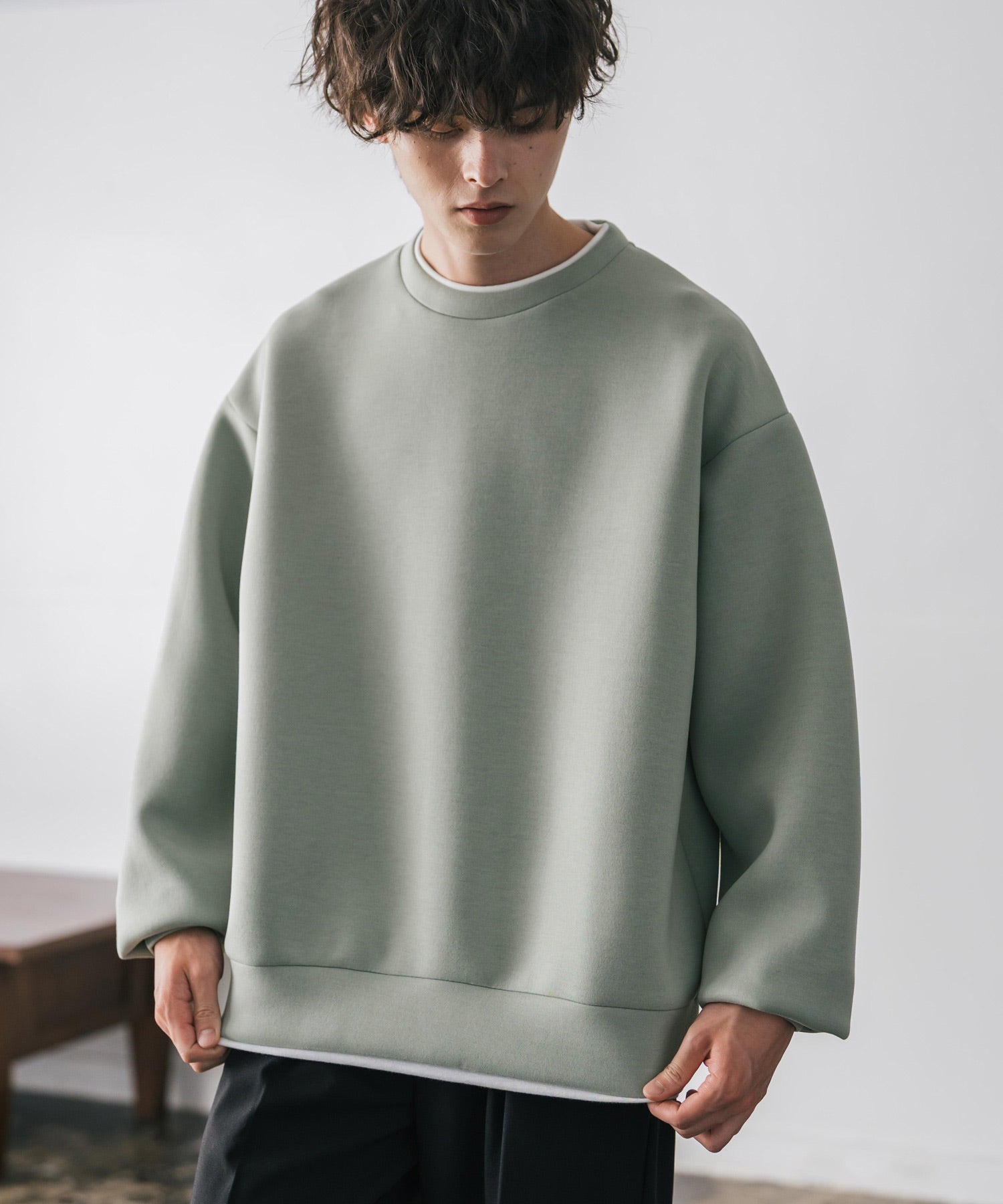 ロッキーモンロー Rocky Monroe ダンボールニット トレーナー プルオーバー 無地 メンズ レディース フェイクレイヤード クルーネック ペールトーン オーバーサイズ ルーズ 14657 (ホワイト) ホワイト