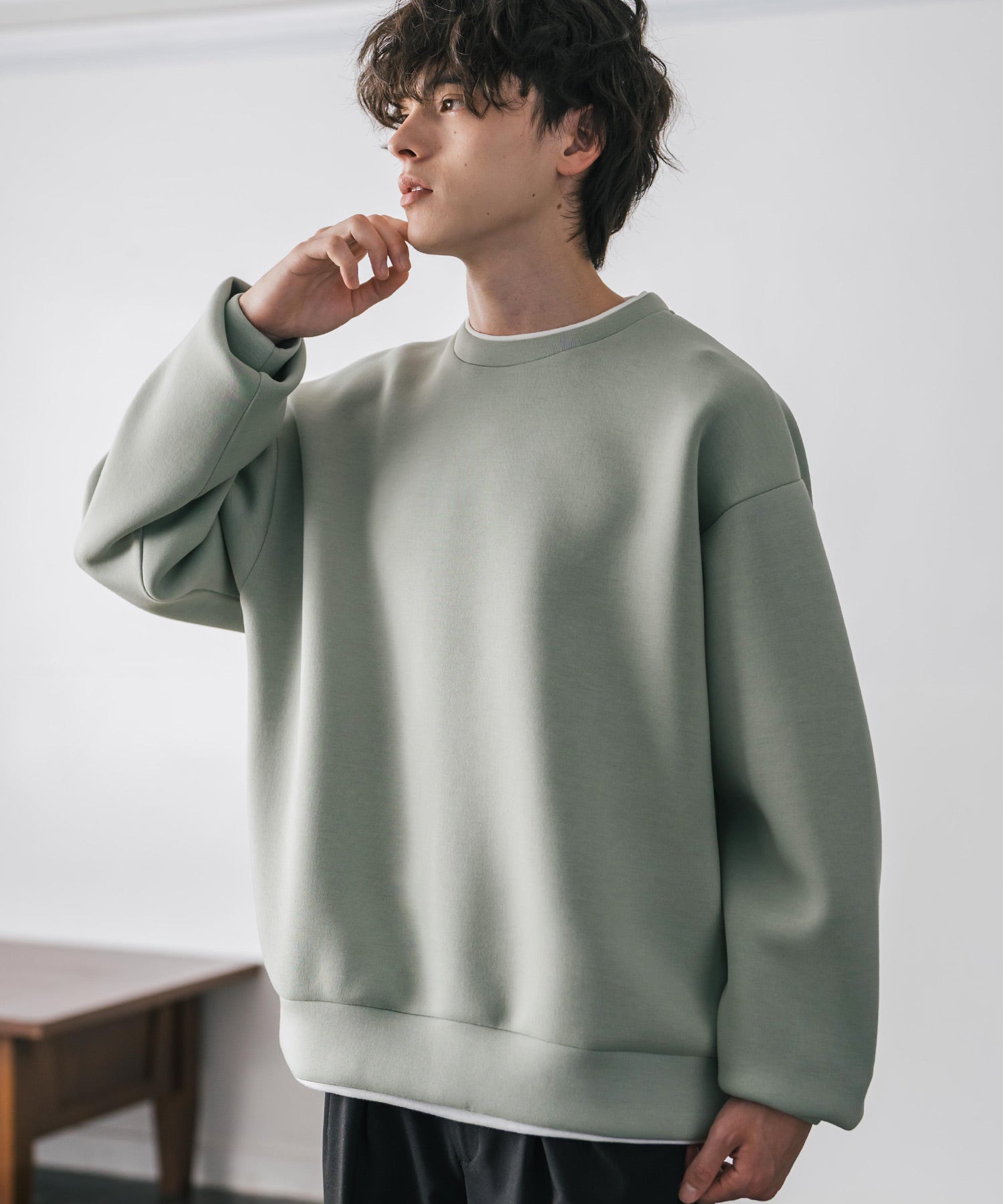 ロッキーモンロー Rocky Monroe ダンボールニット トレーナー プルオーバー 無地 メンズ レディース フェイクレイヤード クルーネック ペールトーン オーバーサイズ ルーズ 14657 (ホワイト) ホワイト