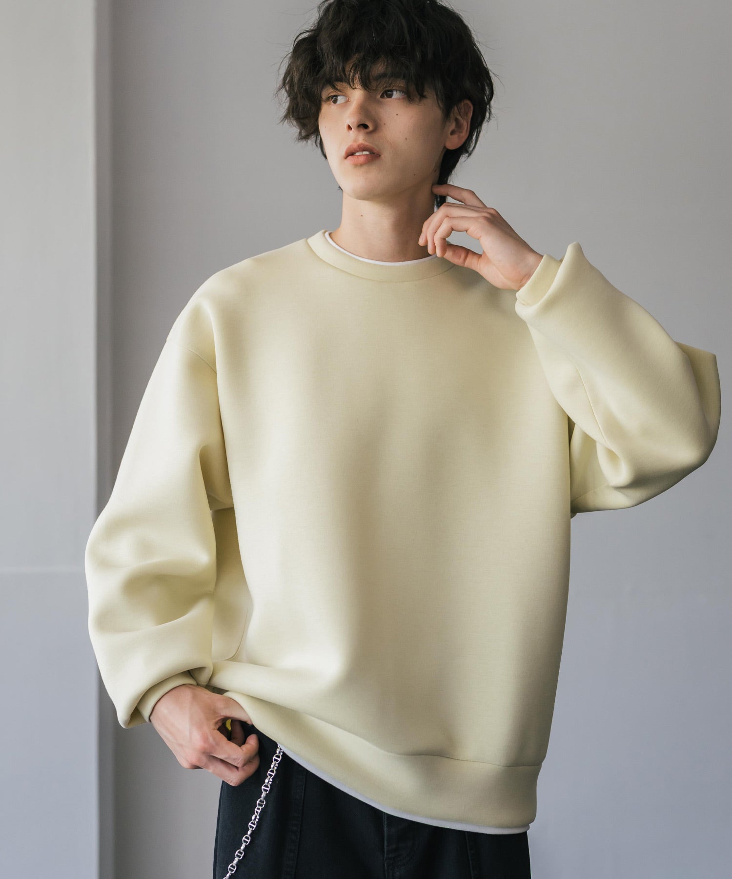 ロッキーモンロー Rocky Monroe ダンボールニット トレーナー プルオーバー 無地 メンズ レディース フェイクレイヤード クルーネック ペールトーン オーバーサイズ ルーズ 14657 (イエロー) イエロー