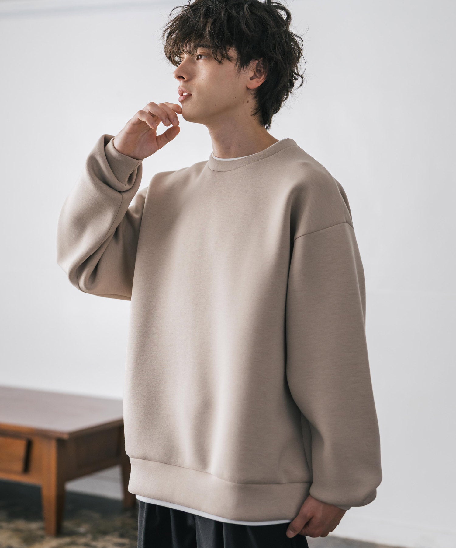 ロッキーモンロー Rocky Monroe ダンボールニット トレーナー プルオーバー 無地 メンズ レディース フェイクレイヤード クルーネック ペールトーン オーバーサイズ ルーズ 14657 (ベージュ) ベージュ