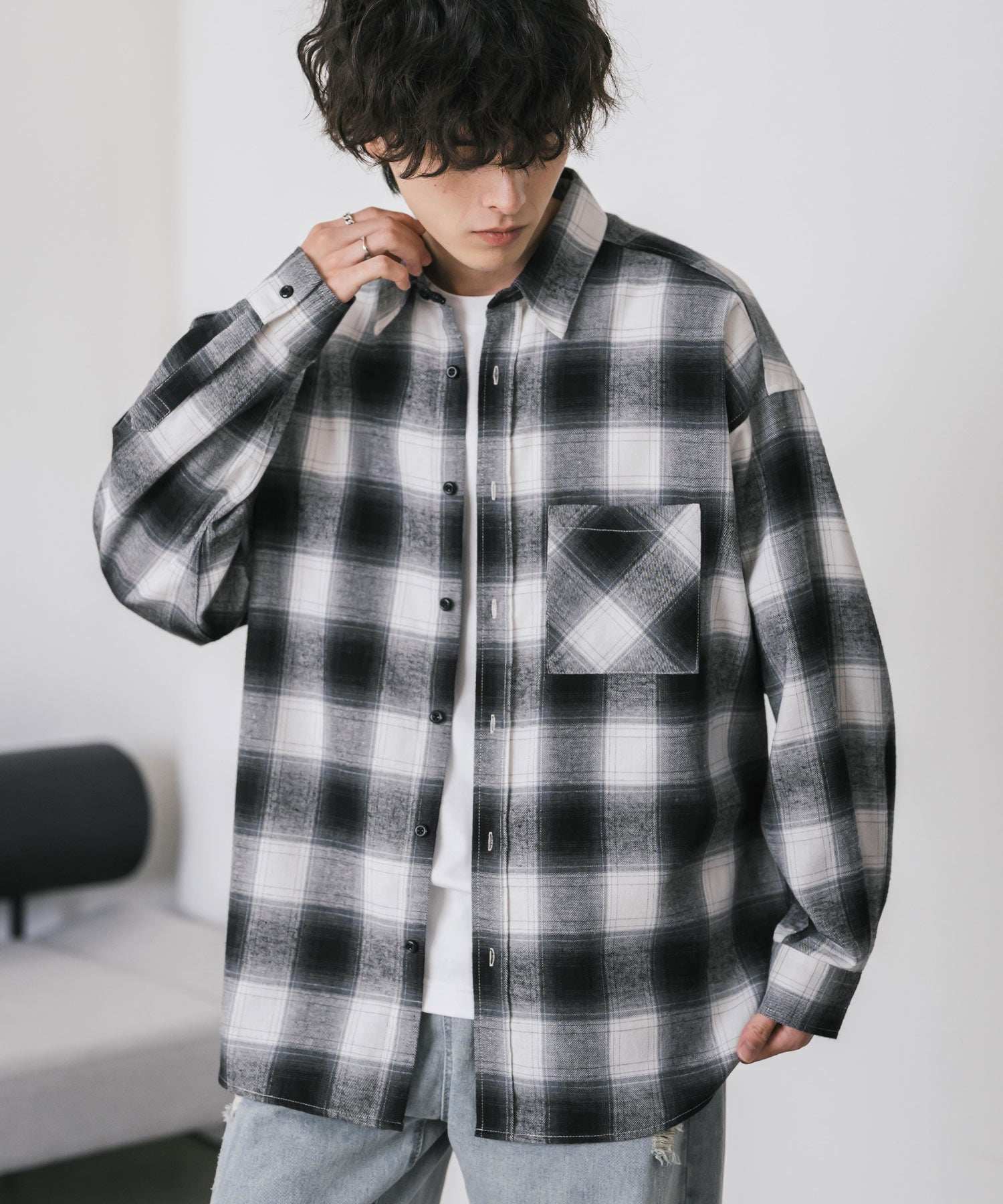 ロッキーモンロー Rocky Monroe チェックシャツ ネルシャツ 長袖 メンズ レディース レギュラーカラー 無地 オンブレ オーバーサイズ ヴィンテージ アメカジ レトロ 新色追加 14534 (アイボリー) アイボリー