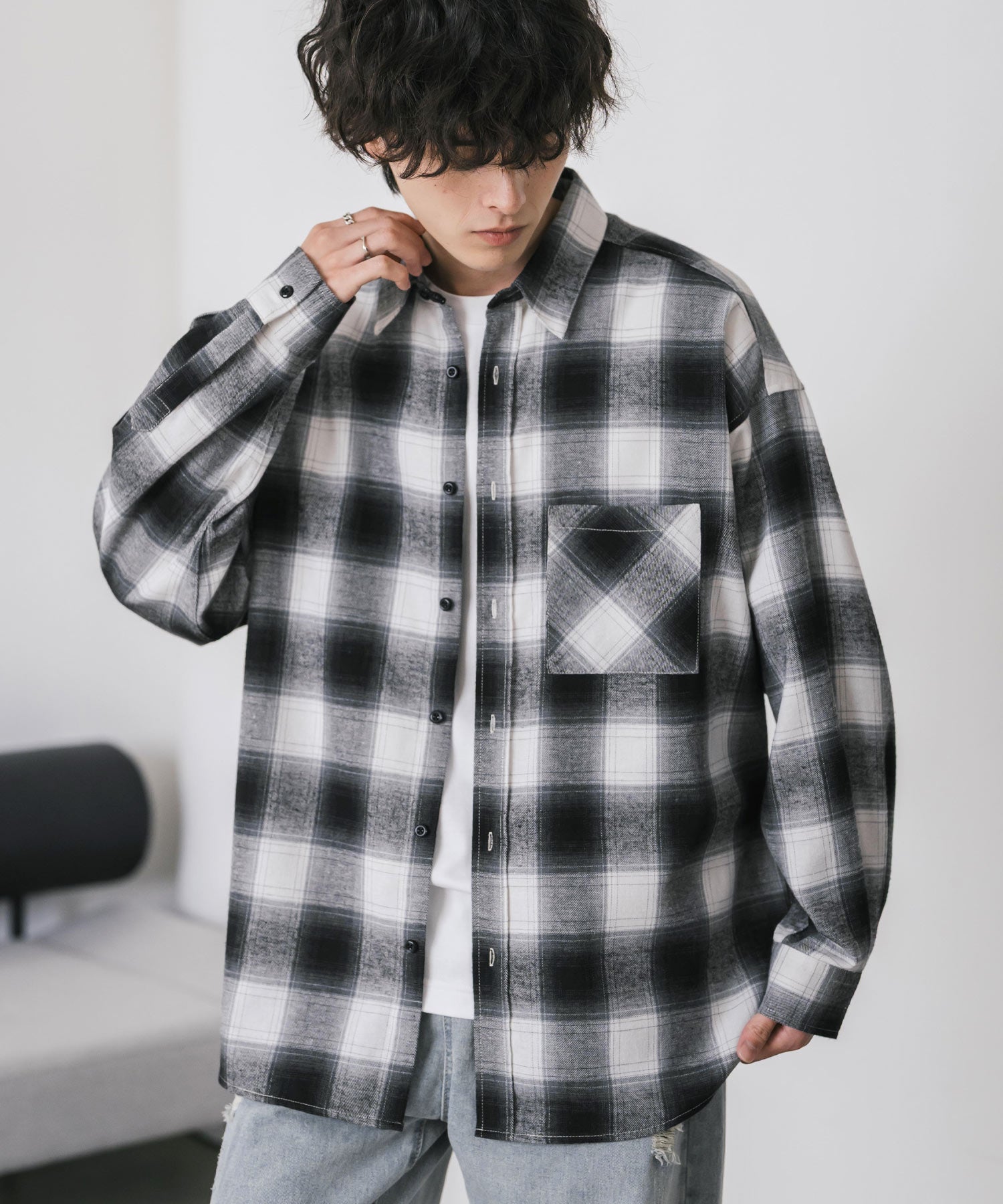 ロッキーモンロー Rocky Monroe チェックシャツ ネルシャツ 長袖 メンズ レディース レギュラーカラー 無地 オンブレ オーバーサイズ ヴィンテージ アメカジ レトロ 新色追加 14534 (アイボリー) アイボリー