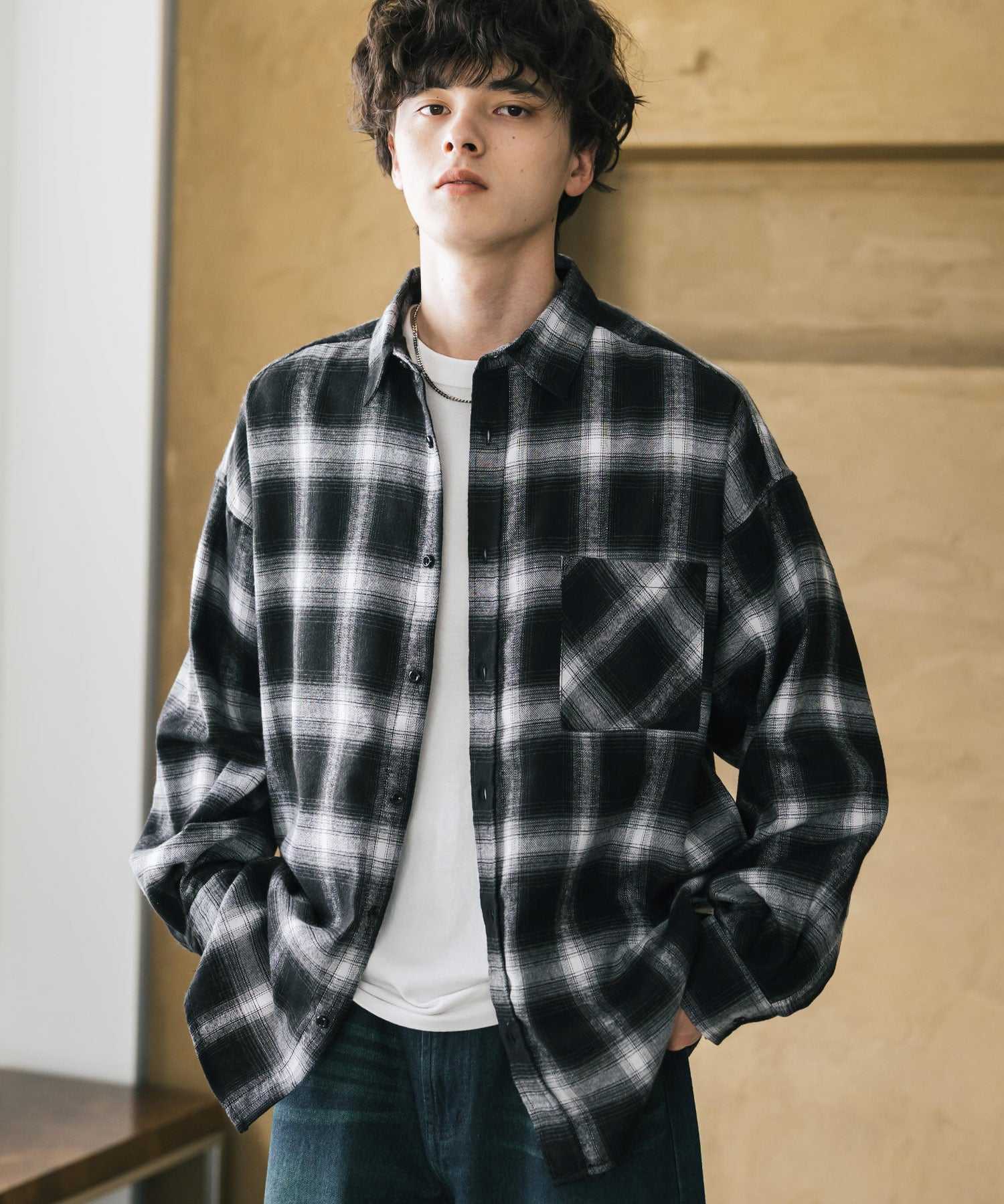 ロッキーモンロー Rocky Monroe チェックシャツ ネルシャツ 長袖 メンズ レディース レギュラーカラー 無地 オンブレ オーバーサイズ ヴィンテージ アメカジ レトロ 新色追加 14534 (アイボリー) アイボリー