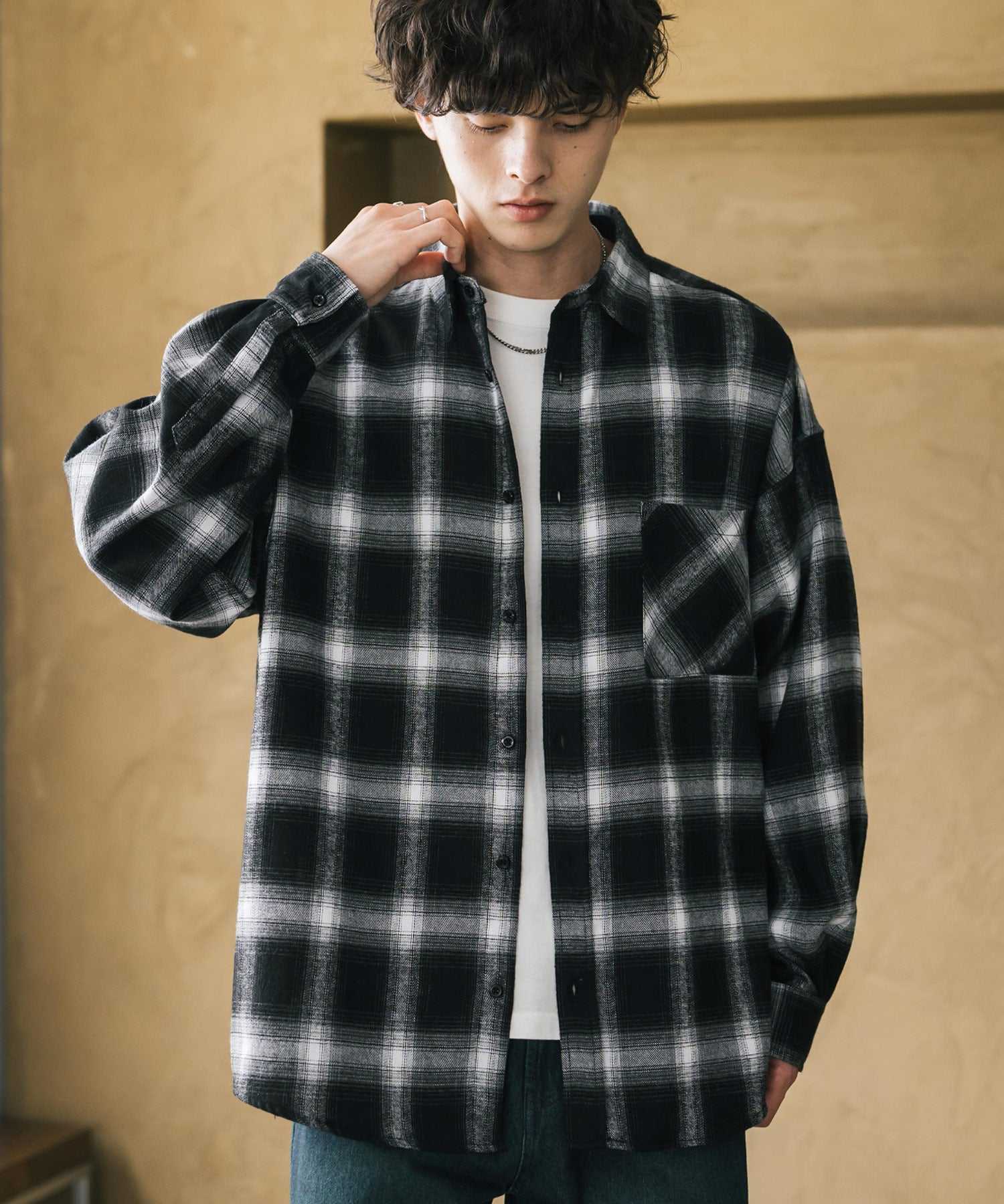 ロッキーモンロー Rocky Monroe チェックシャツ ネルシャツ 長袖 メンズ レディース レギュラーカラー 無地 オンブレ オーバーサイズ ヴィンテージ アメカジ レトロ 新色追加 14534 (アイボリー) アイボリー