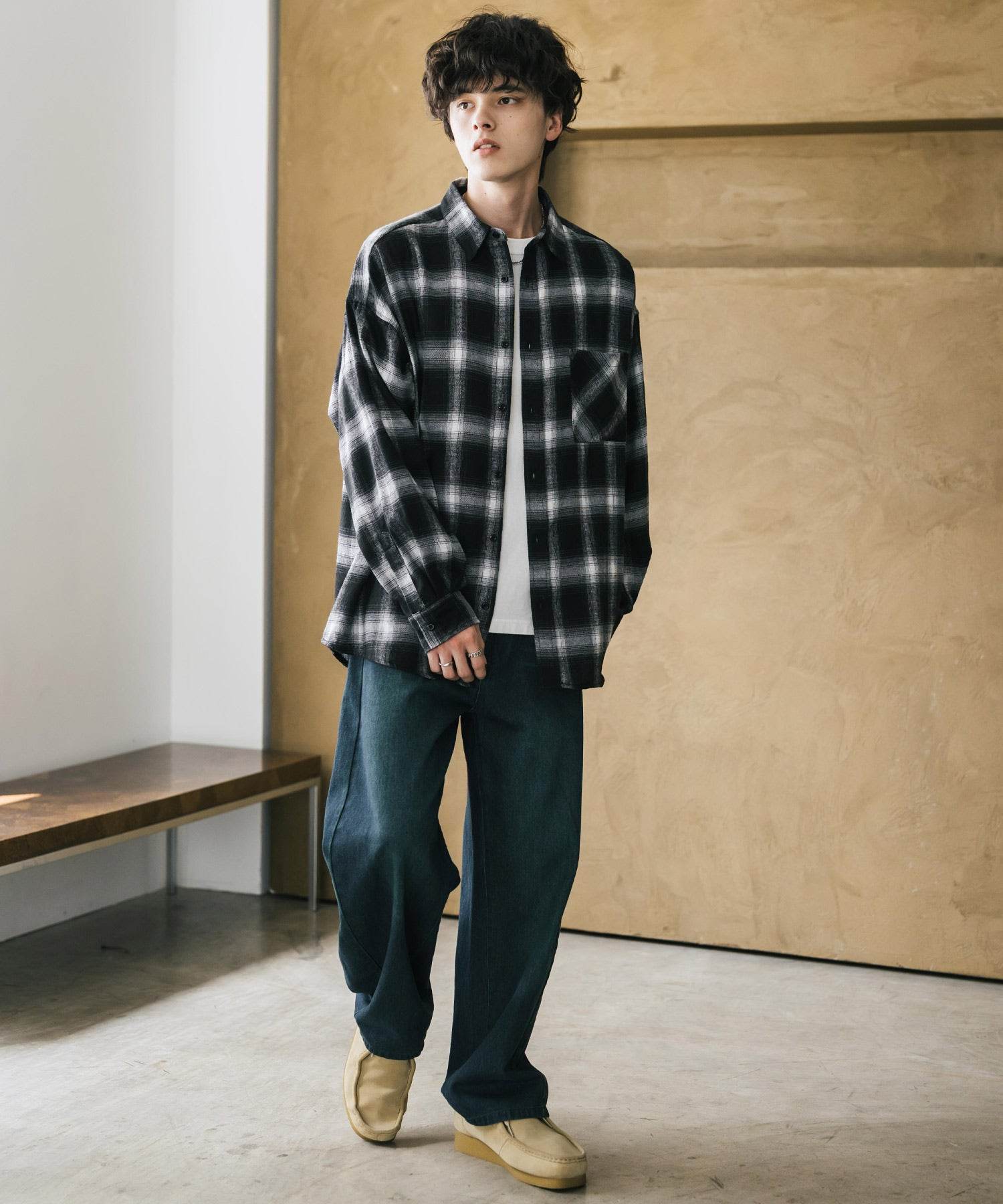 ロッキーモンロー Rocky Monroe チェックシャツ ネルシャツ 長袖 メンズ レディース レギュラーカラー 無地 オンブレ オーバーサイズ ヴィンテージ アメカジ レトロ 新色追加 14534 (アイボリー) アイボリー