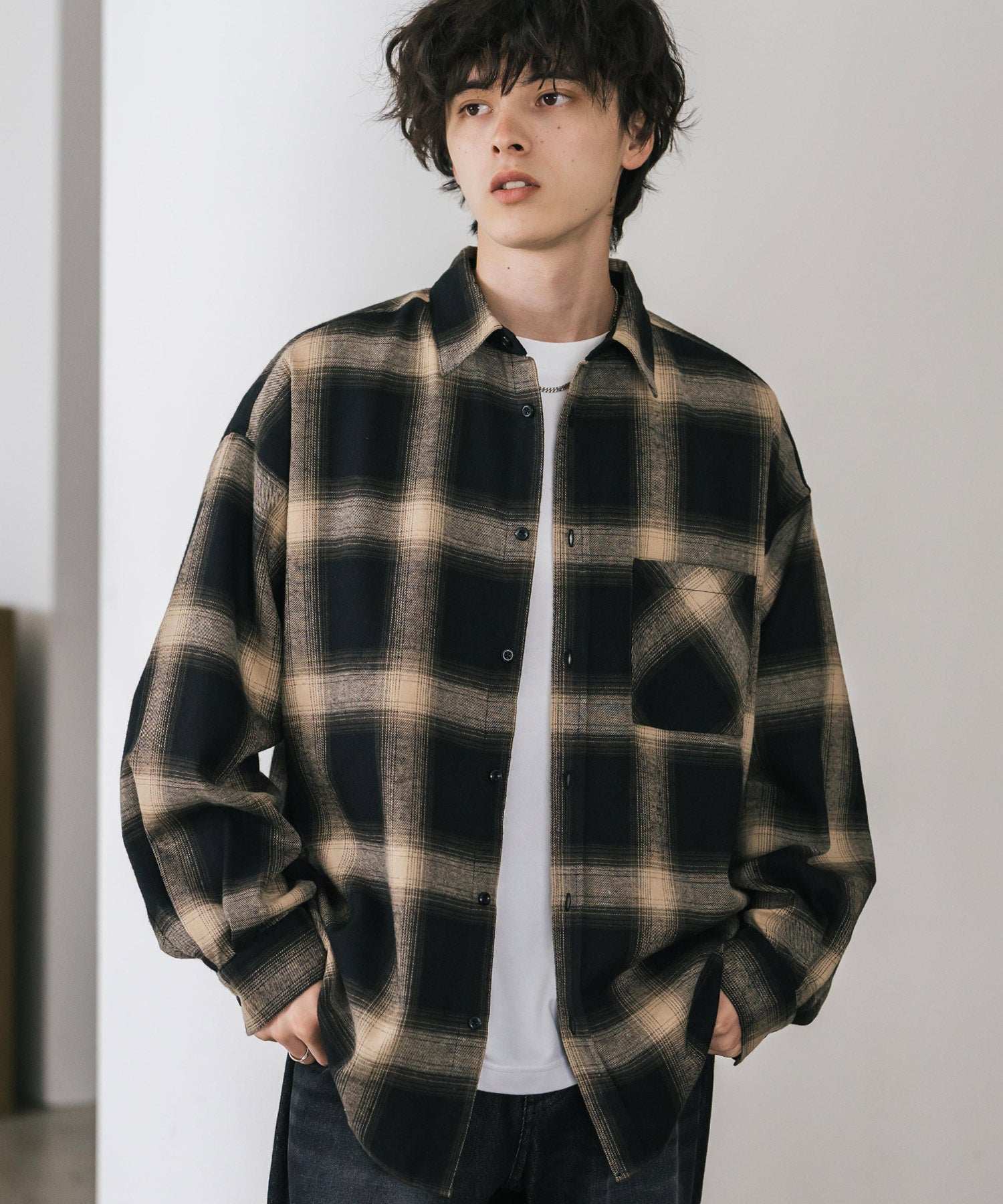 ロッキーモンロー Rocky Monroe チェックシャツ ネルシャツ 長袖 メンズ レディース レギュラーカラー 無地 オンブレ オーバーサイズ ヴィンテージ アメカジ レトロ 新色追加 14534 (アイボリー) アイボリー