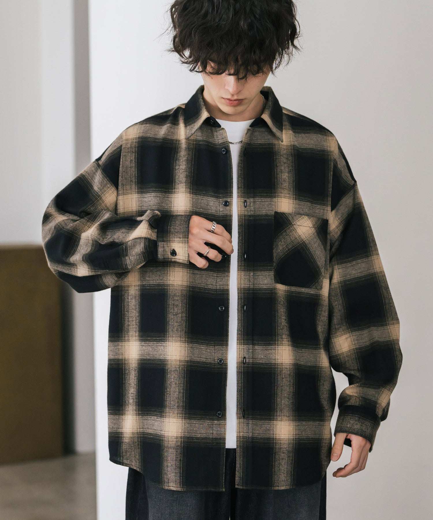 ロッキーモンロー Rocky Monroe チェックシャツ ネルシャツ 長袖 メンズ レディース レギュラーカラー 無地 オンブレ オーバーサイズ ヴィンテージ アメカジ レトロ 新色追加 14534 (アイボリー) アイボリー