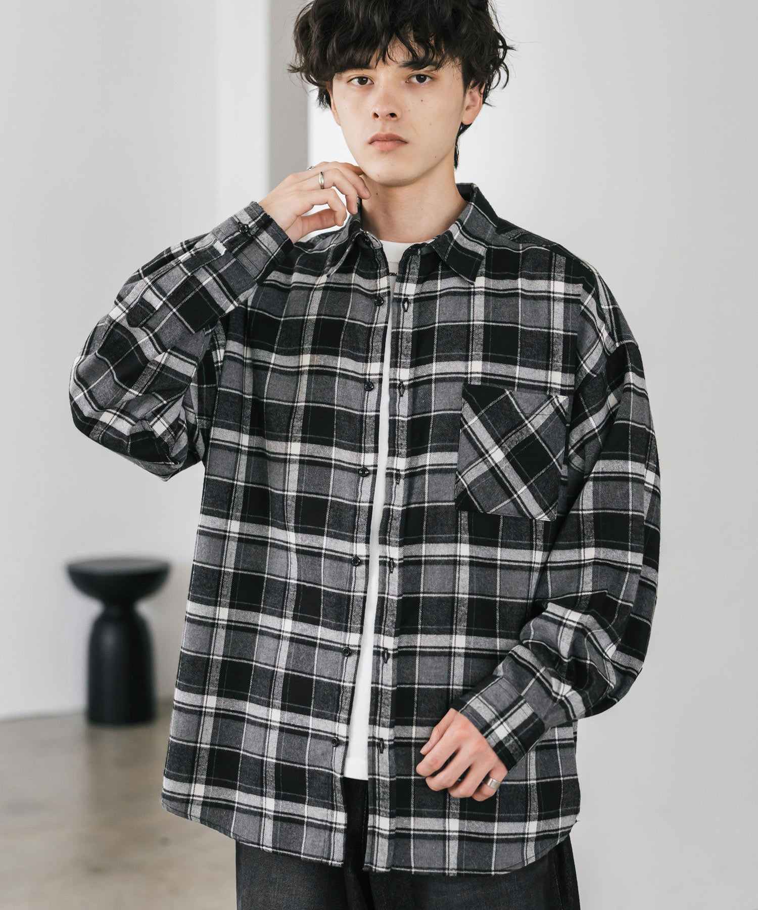 ロッキーモンロー Rocky Monroe チェックシャツ ネルシャツ 長袖 メンズ レディース レギュラーカラー 無地 オンブレ オーバーサイズ ヴィンテージ アメカジ レトロ 新色追加 14534 (ブラックチェックB) ブラックチェックB