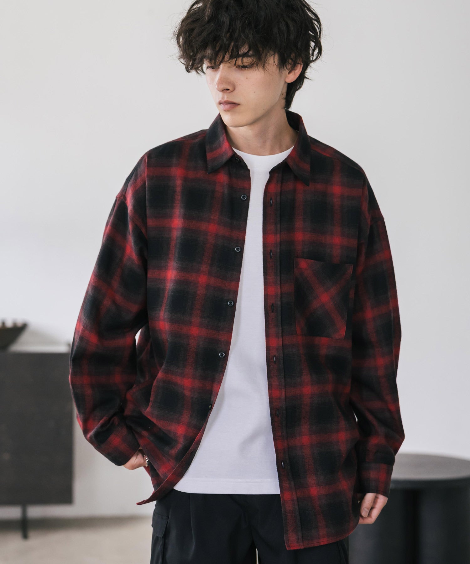 ロッキーモンロー Rocky Monroe チェックシャツ ネルシャツ 長袖 メンズ レディース レギュラーカラー 無地 オンブレ オーバーサイズ ヴィンテージ アメカジ レトロ 新色追加 14534 (レッドチェック) レッドチェック