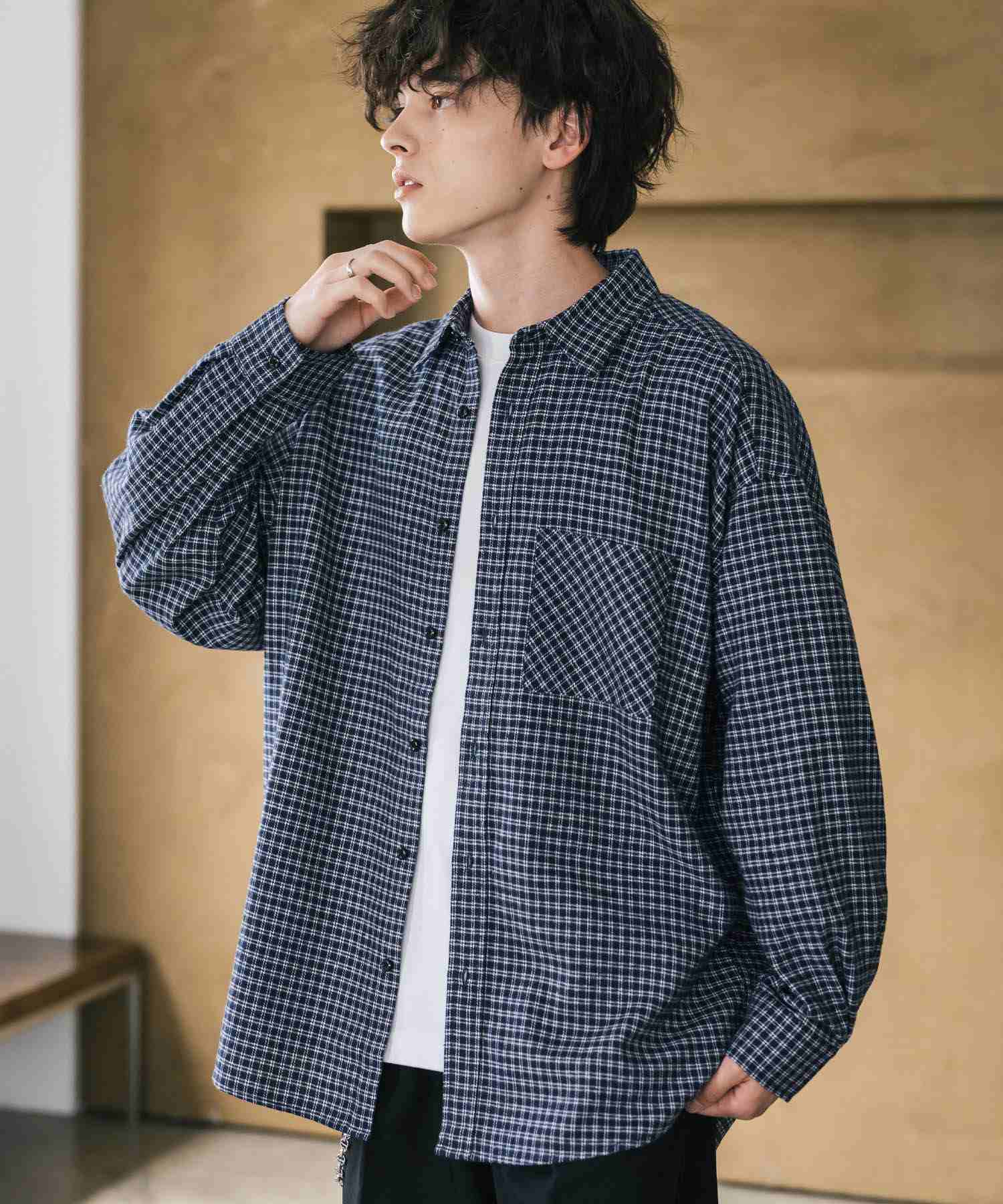 ロッキーモンロー Rocky Monroe チェックシャツ ネルシャツ 長袖 メンズ レディース レギュラーカラー 無地 オンブレ オーバーサイズ ヴィンテージ アメカジ レトロ 新色追加 14534 (ネイビーチェック) ネイビーチェック