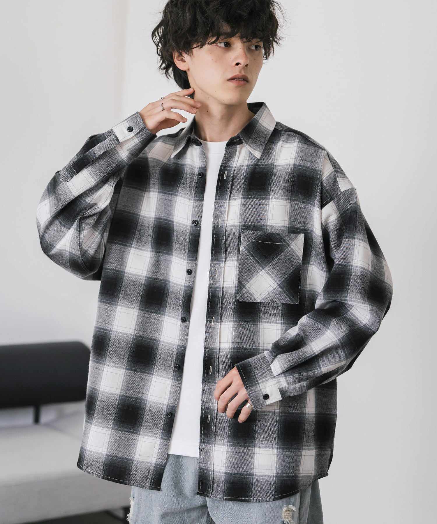 ロッキーモンロー Rocky Monroe チェックシャツ ネルシャツ 長袖 メンズ レディース レギュラーカラー 無地 オンブレ オーバーサイズ ヴィンテージ アメカジ レトロ 新色追加 14534 (ホワイトチェック) ホワイトチェック