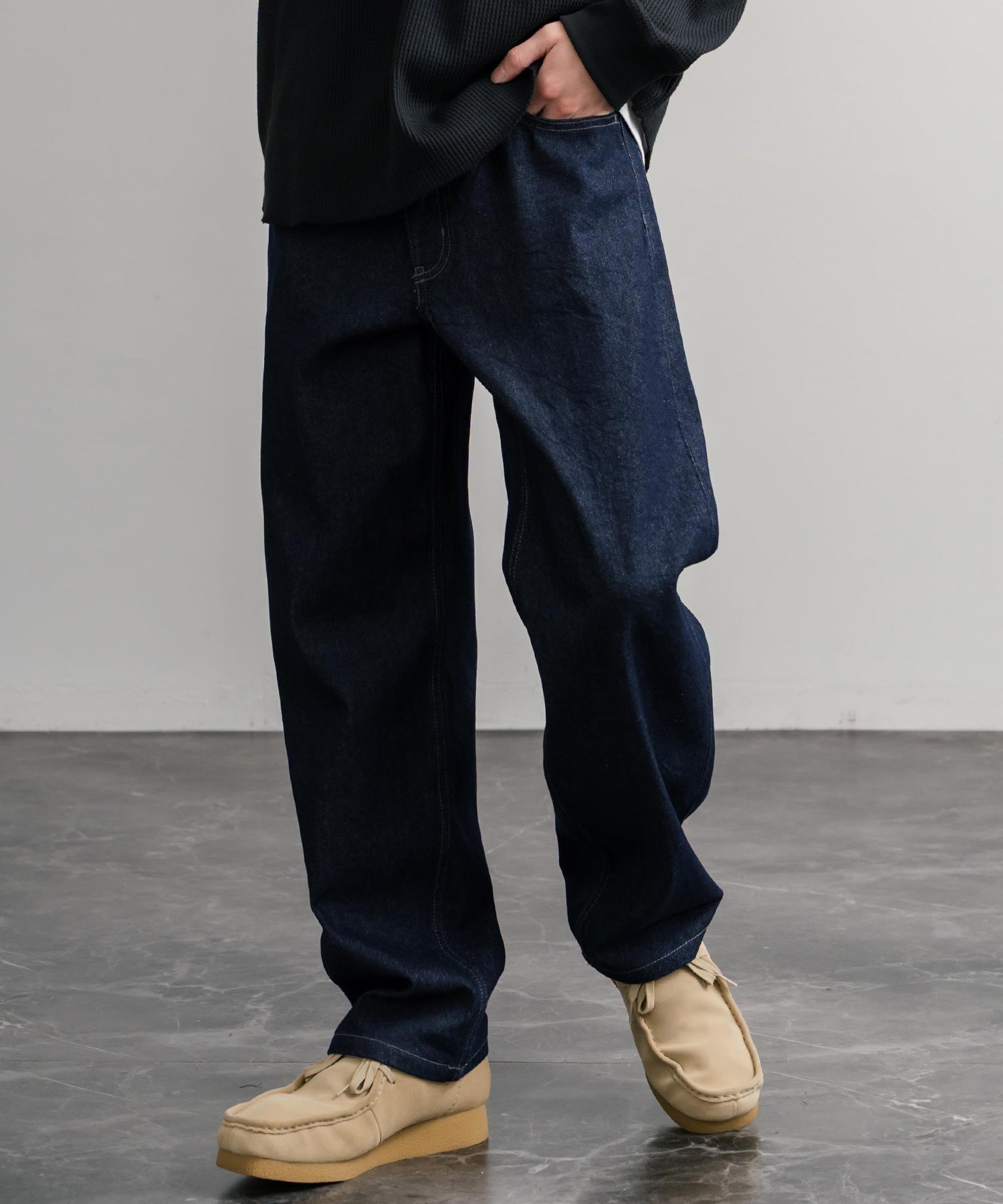 ロッキーモンロー Rocky Monroe ワイドパンツ デニム ジーンズ メンズ テーパード リラックス 5ポケット ヴィンテージ シンプル カジュアル ストリート ワーク 韓国 Hanes 15112 (71.ネイビー) 71.ネイビー