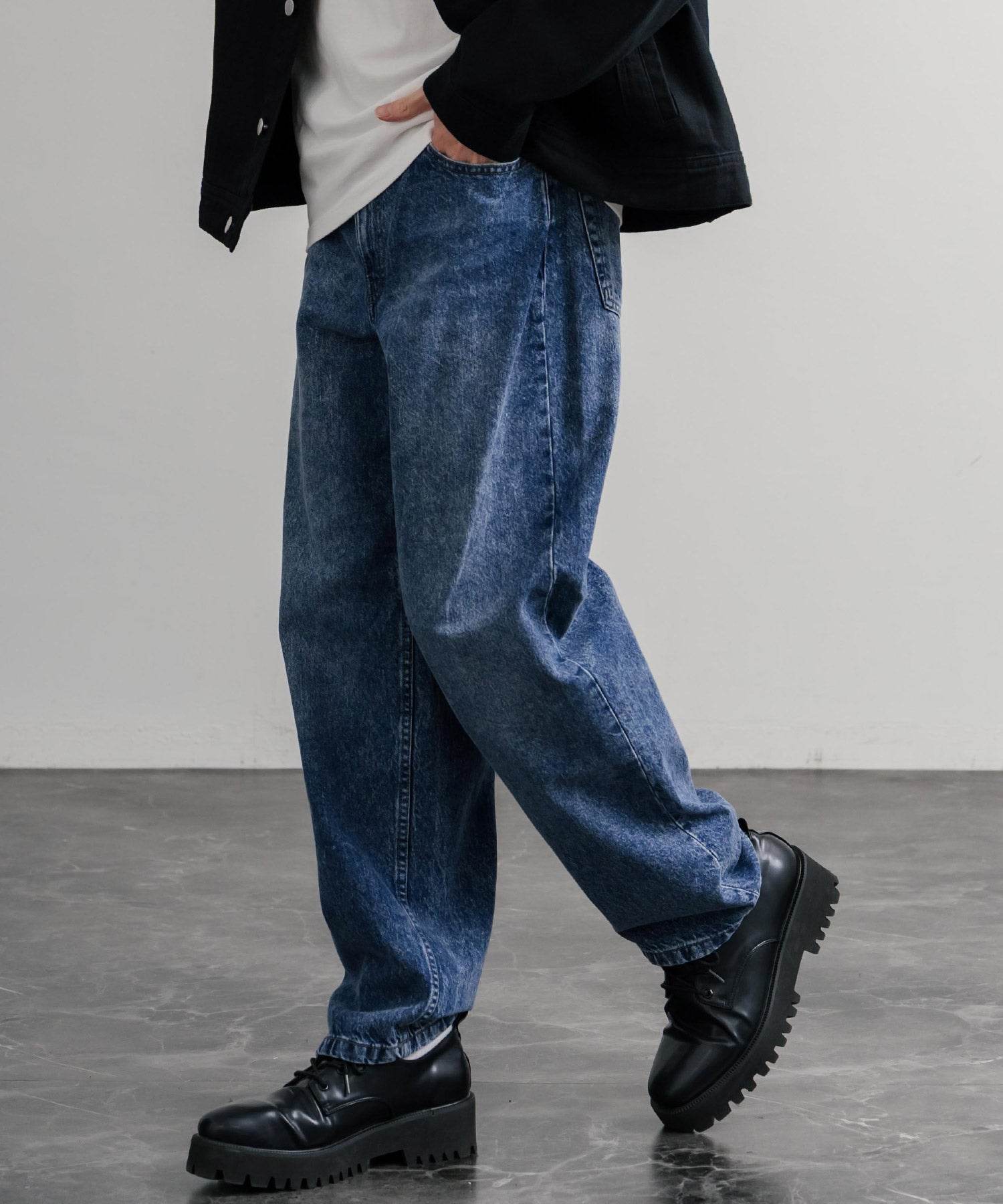 ロッキーモンロー Rocky Monroe ワイドパンツ デニム ジーンズ メンズ テーパード リラックス 5ポケット ヴィンテージ シンプル カジュアル ストリート ワーク 韓国 Hanes 15112 (71.ネイビー) 71.ネイビー