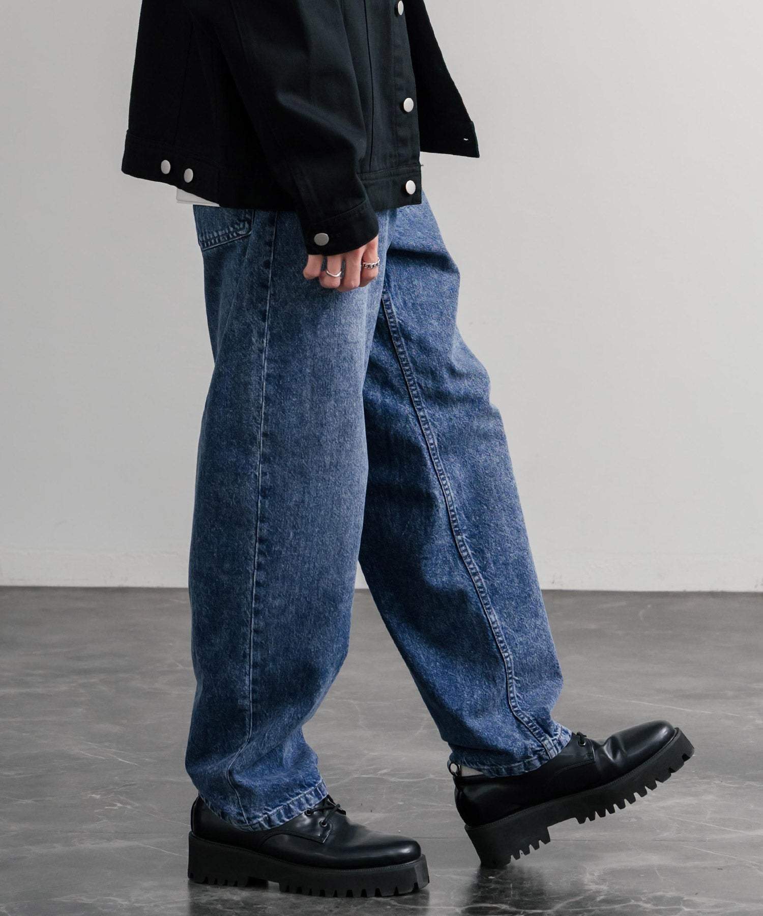 ロッキーモンロー Rocky Monroe ワイドパンツ デニム ジーンズ メンズ テーパード リラックス 5ポケット ヴィンテージ シンプル カジュアル ストリート ワーク 韓国 Hanes 15112 (71.ネイビー) 71.ネイビー