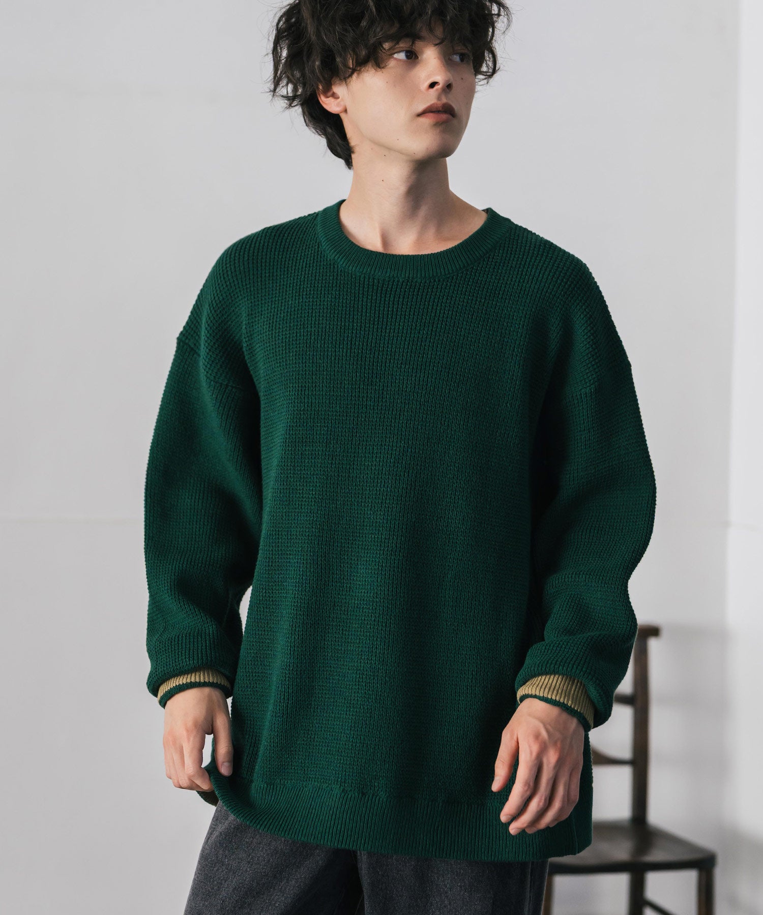 ロッキーモンロー Rocky Monroe ワッフルニット セーター 無地 メンズ レディース 長袖 配色 綿混 オーバーサイズ ビッグシルエット リラックス カジュアル きれいめ 洗える 14546 (グリーン) グリーン