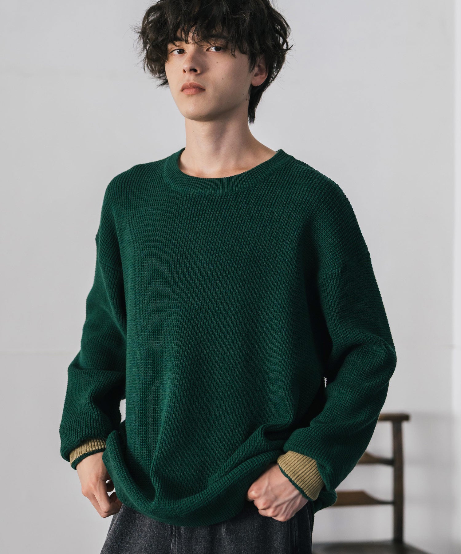 ロッキーモンロー Rocky Monroe ワッフルニット セーター 無地 メンズ レディース 長袖 配色 綿混 オーバーサイズ ビッグシルエット リラックス カジュアル きれいめ 洗える 14546 (グリーン) グリーン