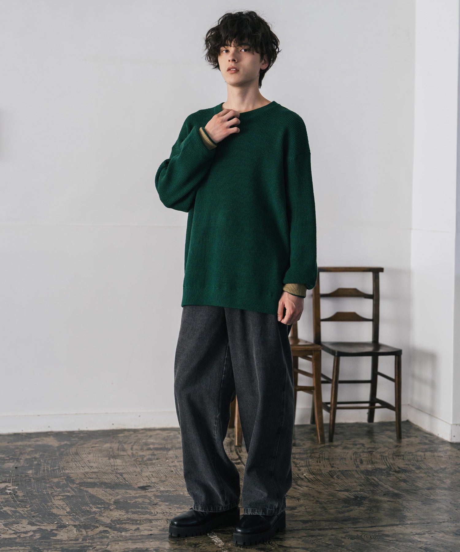 ロッキーモンロー Rocky Monroe ワッフルニット セーター 無地 メンズ レディース 長袖 配色 綿混 オーバーサイズ ビッグシルエット リラックス カジュアル きれいめ 洗える 14546 (グリーン) グリーン