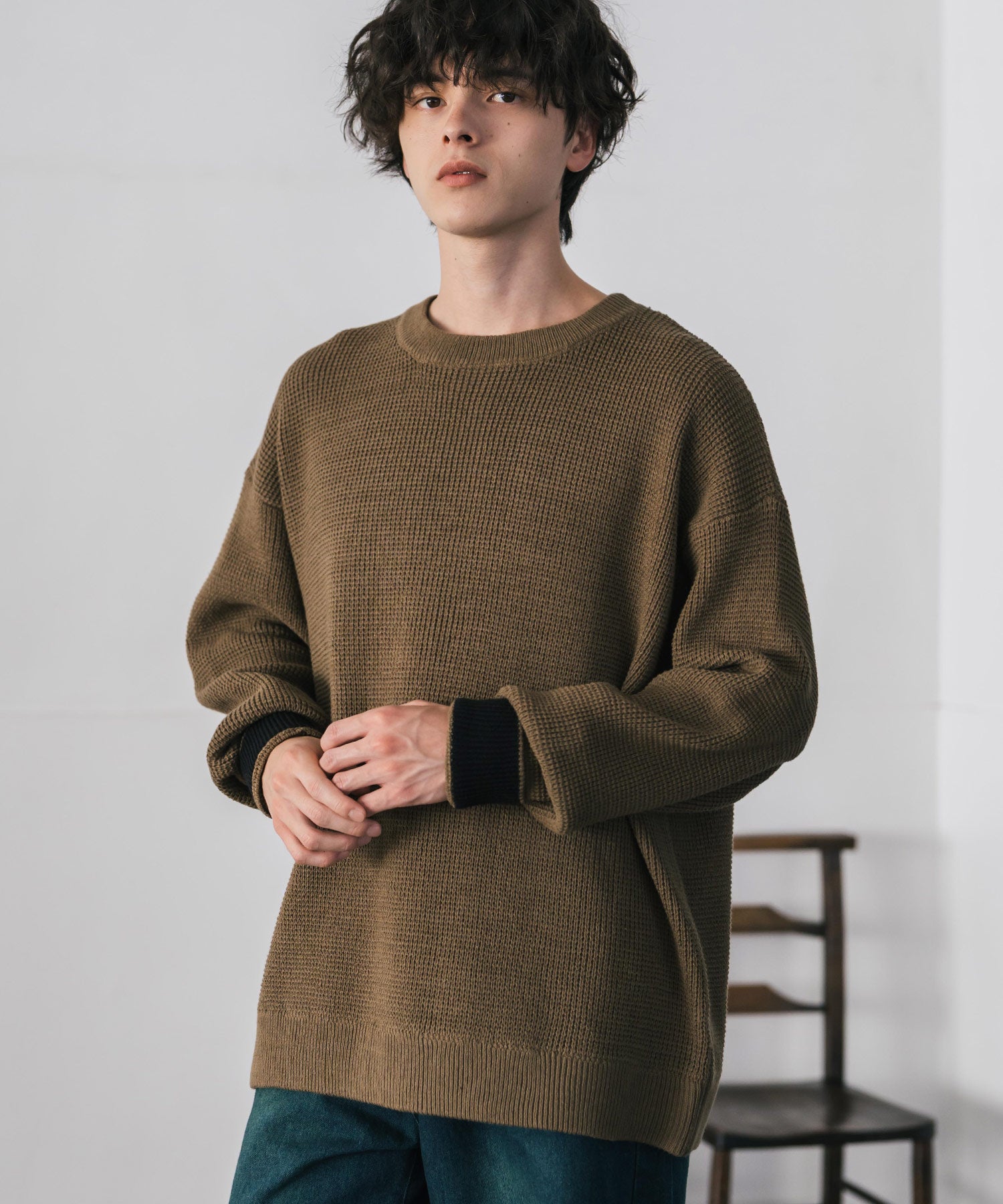 ロッキーモンロー Rocky Monroe ワッフルニット セーター 無地 メンズ レディース 長袖 配色 綿混 オーバーサイズ ビッグシルエット リラックス カジュアル きれいめ 洗える 14546 (グリーン) グリーン