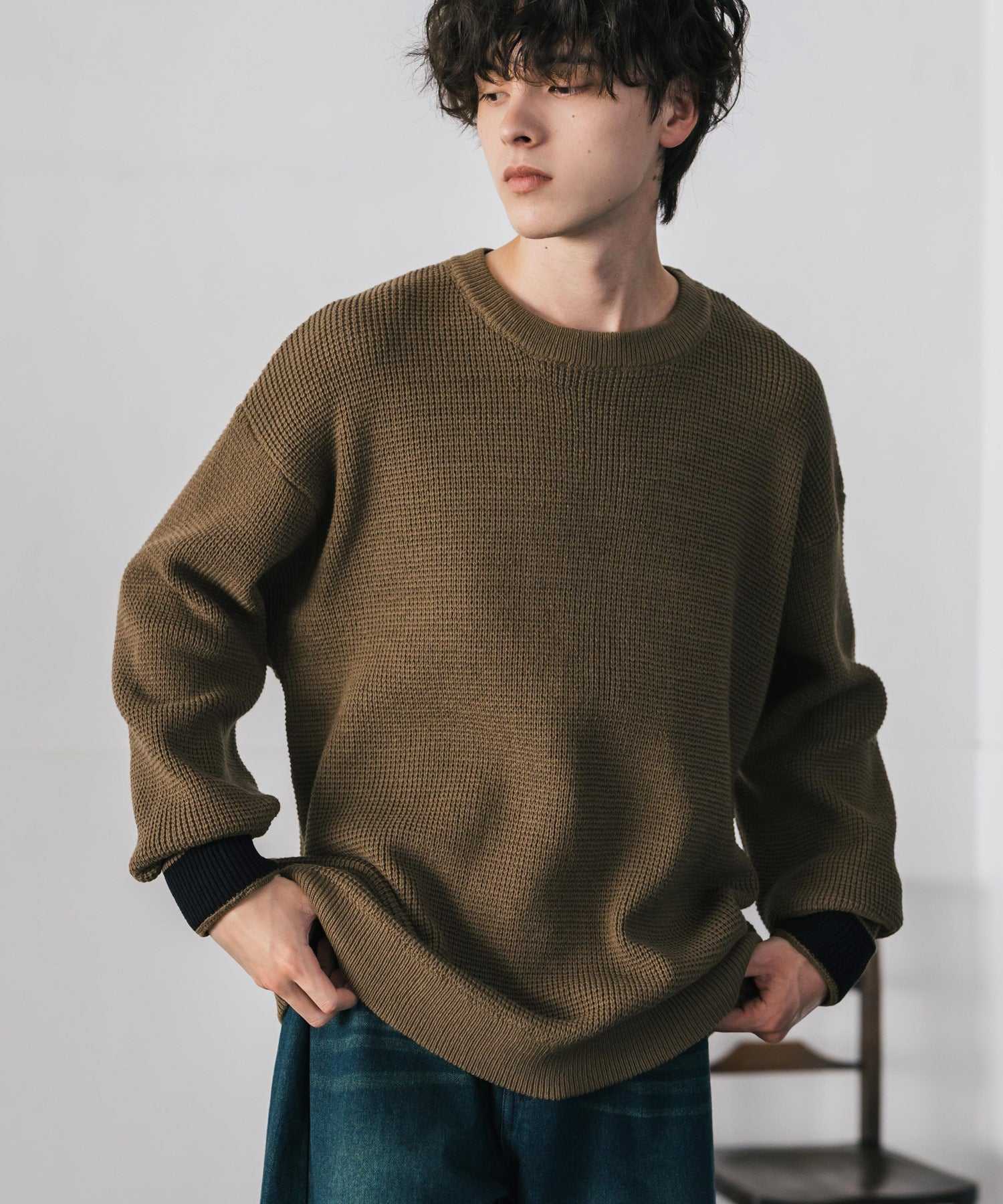 ロッキーモンロー Rocky Monroe ワッフルニット セーター 無地 メンズ レディース 長袖 配色 綿混 オーバーサイズ ビッグシルエット リラックス カジュアル きれいめ 洗える 14546 (グリーン) グリーン