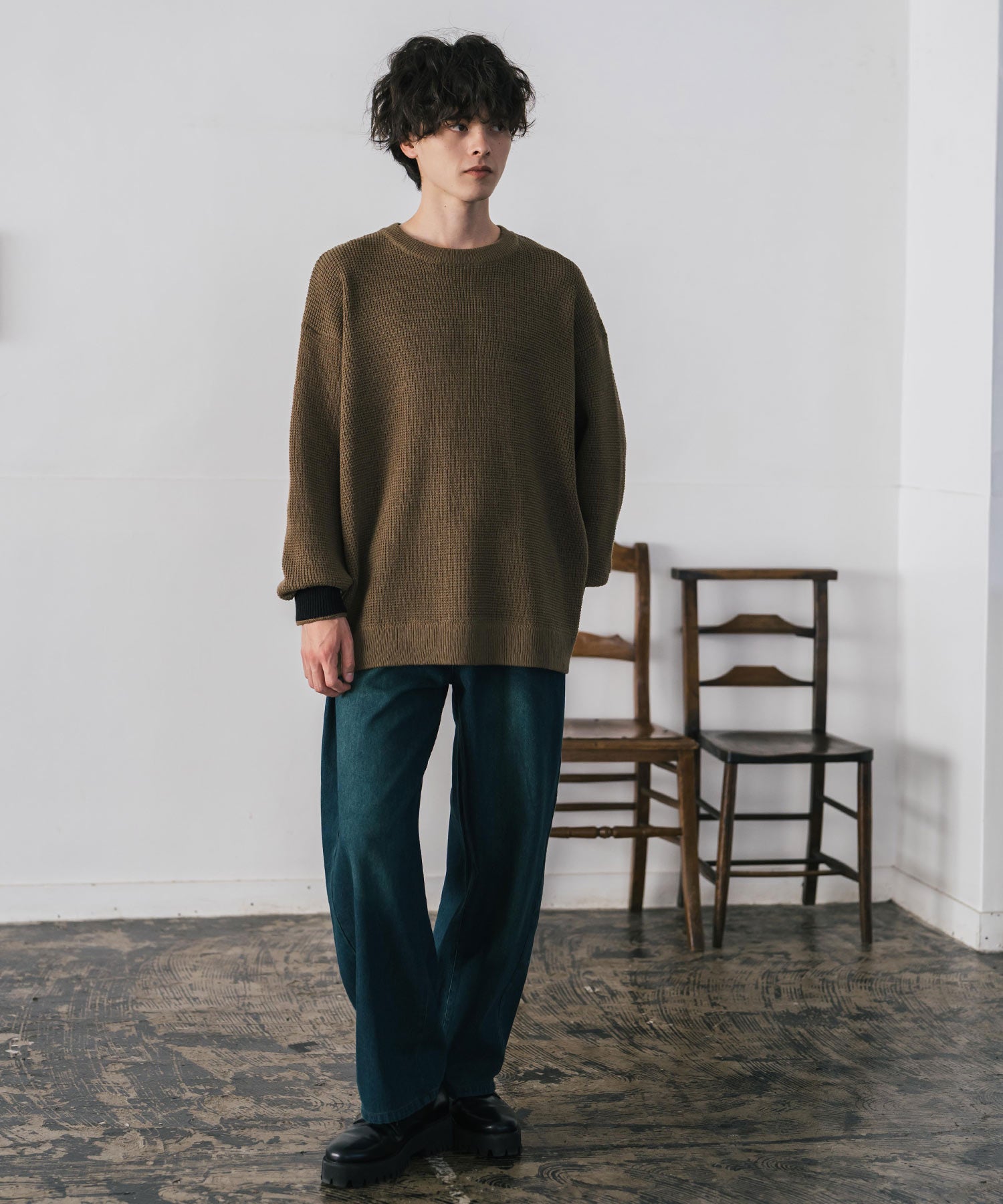 ロッキーモンロー Rocky Monroe ワッフルニット セーター 無地 メンズ レディース 長袖 配色 綿混 オーバーサイズ ビッグシルエット リラックス カジュアル きれいめ 洗える 14546 (グリーン) グリーン