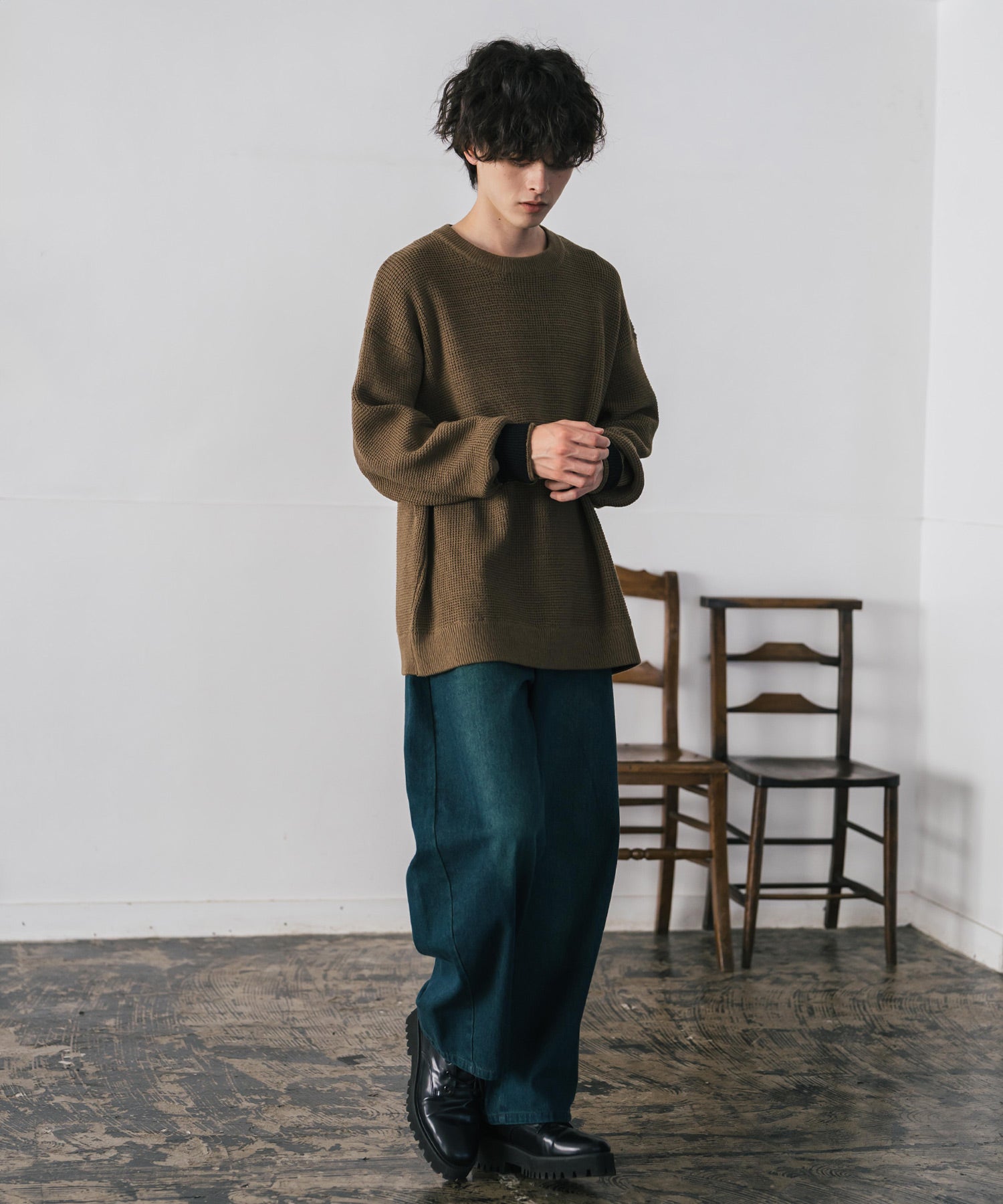 ロッキーモンロー Rocky Monroe ワッフルニット セーター 無地 メンズ レディース 長袖 配色 綿混 オーバーサイズ ビッグシルエット リラックス カジュアル きれいめ 洗える 14546 (グリーン) グリーン