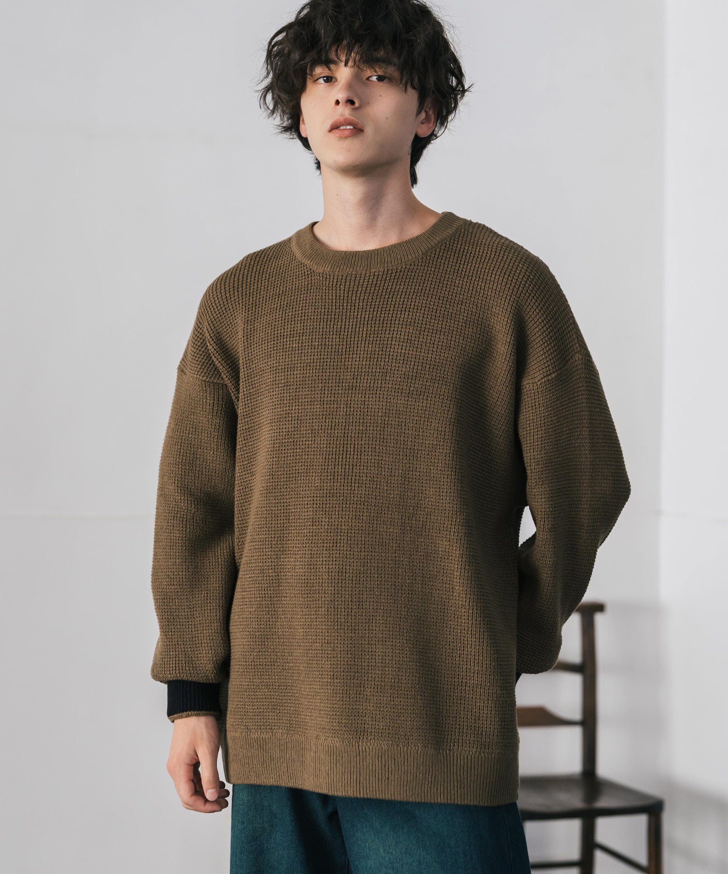 ロッキーモンロー Rocky Monroe ワッフルニット セーター 無地 メンズ レディース 長袖 配色 綿混 オーバーサイズ ビッグシルエット リラックス カジュアル きれいめ 洗える 14546 (グリーン) グリーン