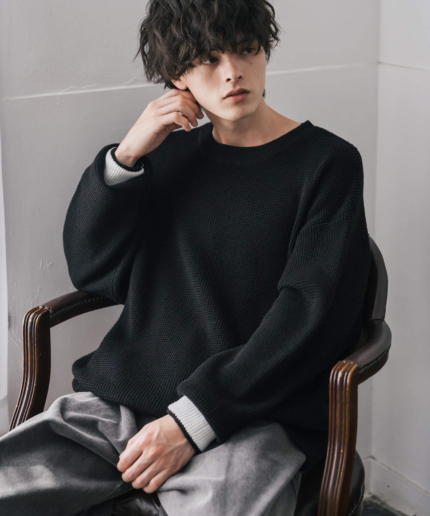 ロッキーモンロー Rocky Monroe ワッフルニット セーター 無地 メンズ レディース 長袖 配色 綿混 オーバーサイズ ビッグシルエット リラックス カジュアル きれいめ 洗える 14546 (グリーン) グリーン