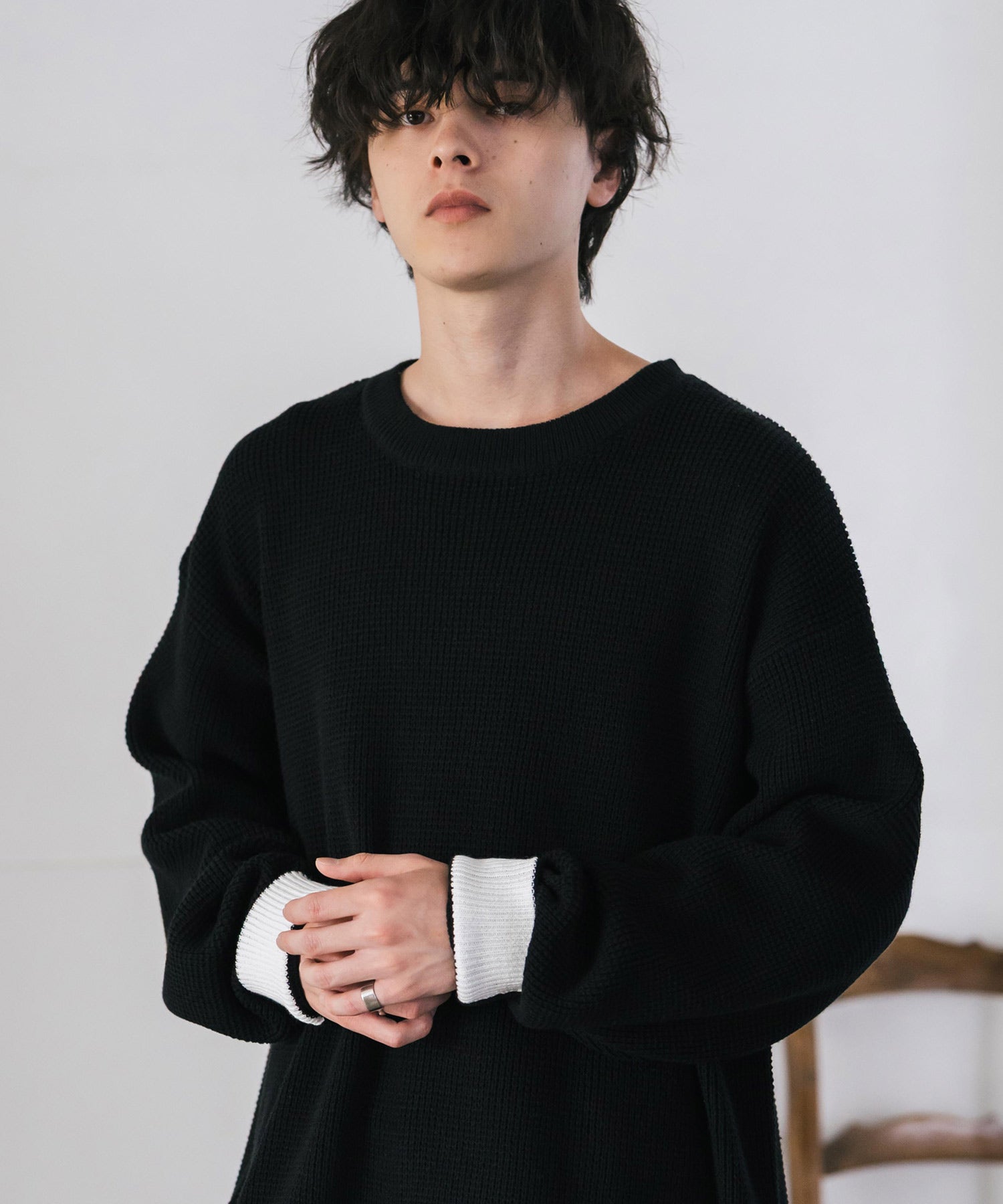 ロッキーモンロー Rocky Monroe ワッフルニット セーター 無地 メンズ レディース 長袖 配色 綿混 オーバーサイズ ビッグシルエット リラックス カジュアル きれいめ 洗える 14546 (グリーン) グリーン