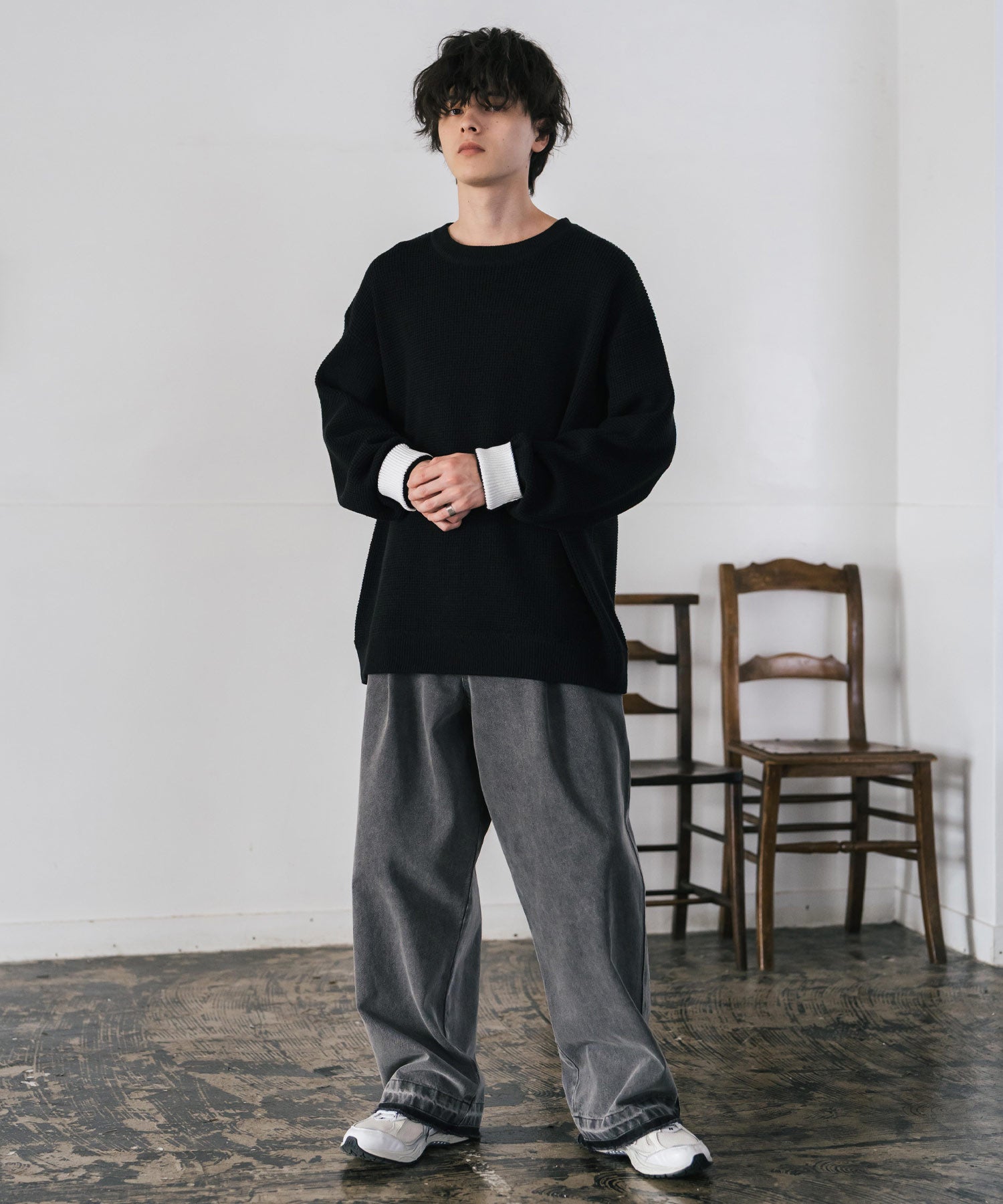 ロッキーモンロー Rocky Monroe ワッフルニット セーター 無地 メンズ レディース 長袖 配色 綿混 オーバーサイズ ビッグシルエット リラックス カジュアル きれいめ 洗える 14546 (グリーン) グリーン