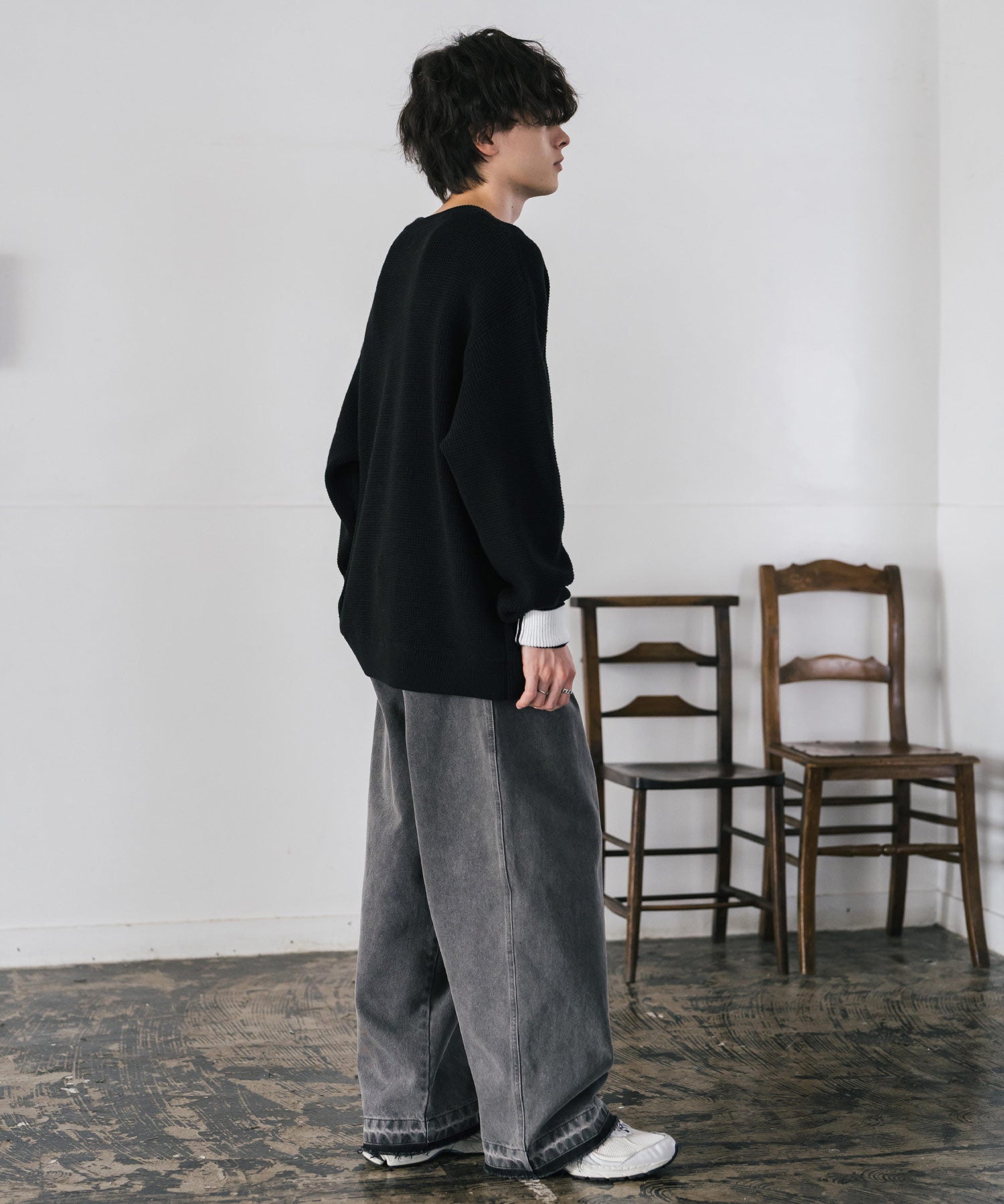 ロッキーモンロー Rocky Monroe ワッフルニット セーター 無地 メンズ レディース 長袖 配色 綿混 オーバーサイズ ビッグシルエット リラックス カジュアル きれいめ 洗える 14546 (グリーン) グリーン