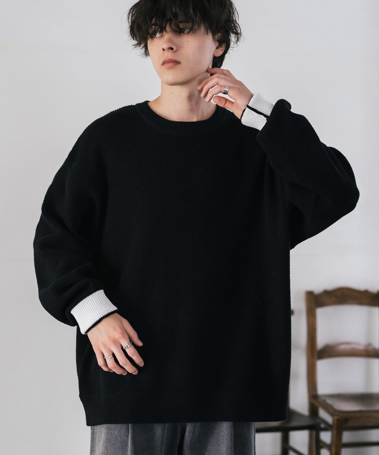 ロッキーモンロー Rocky Monroe ワッフルニット セーター 無地 メンズ レディース 長袖 配色 綿混 オーバーサイズ ビッグシルエット リラックス カジュアル きれいめ 洗える 14546 (グリーン) グリーン