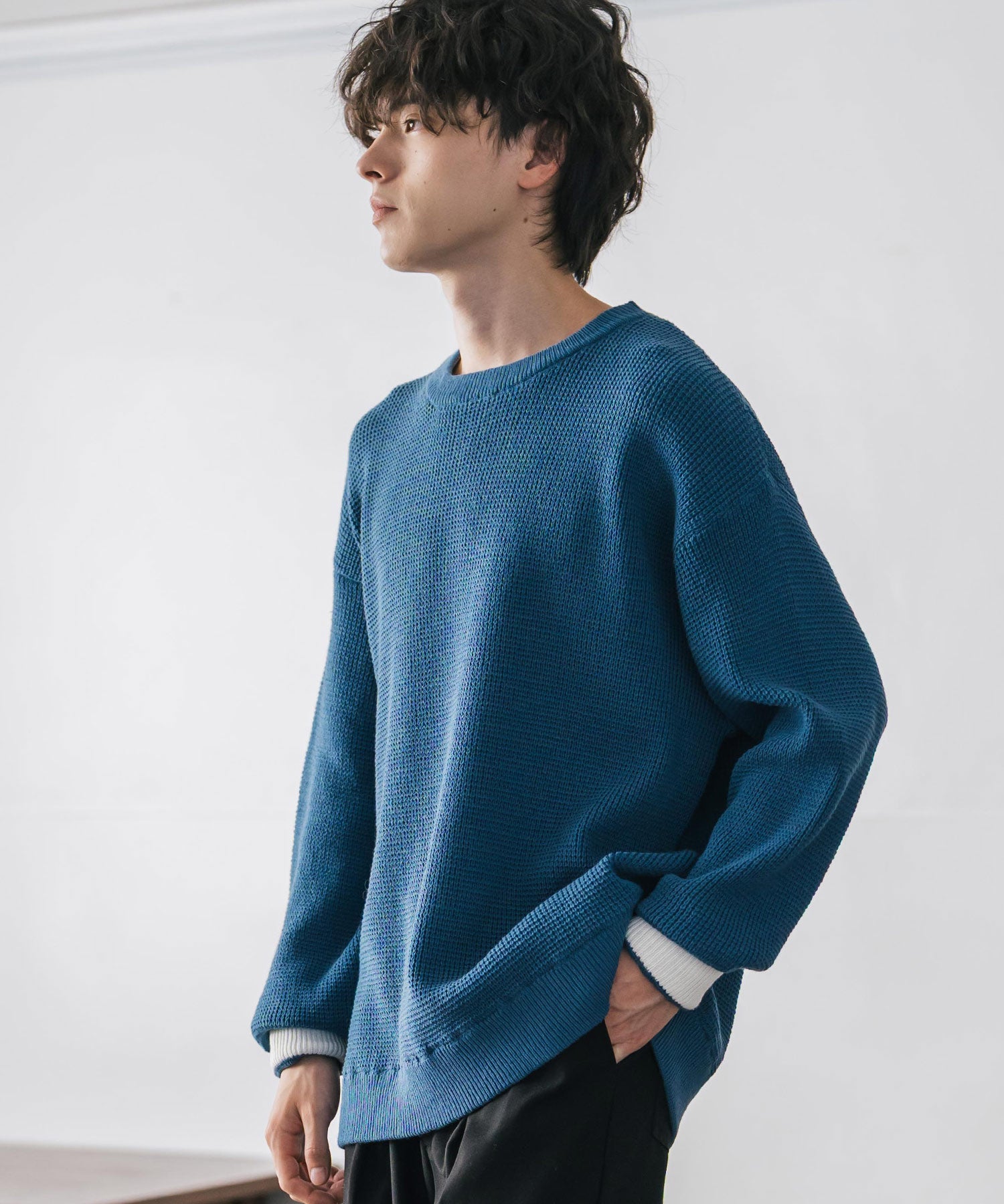 ロッキーモンロー Rocky Monroe ワッフルニット セーター 無地 メンズ レディース 長袖 配色 綿混 オーバーサイズ ビッグシルエット リラックス カジュアル きれいめ 洗える 14546 (グリーン) グリーン