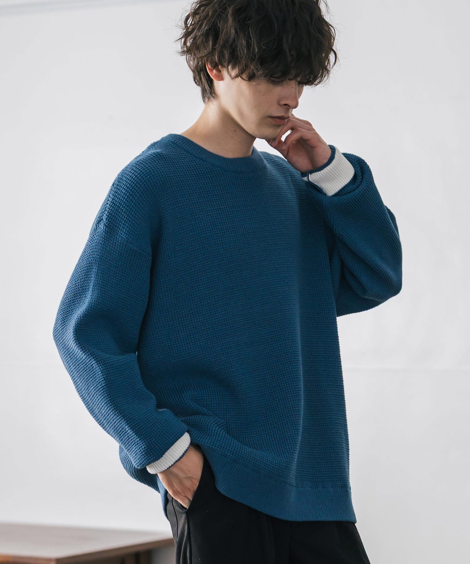 ロッキーモンロー Rocky Monroe ワッフルニット セーター 無地 メンズ レディース 長袖 配色 綿混 オーバーサイズ ビッグシルエット リラックス カジュアル きれいめ 洗える 14546 (グリーン) グリーン