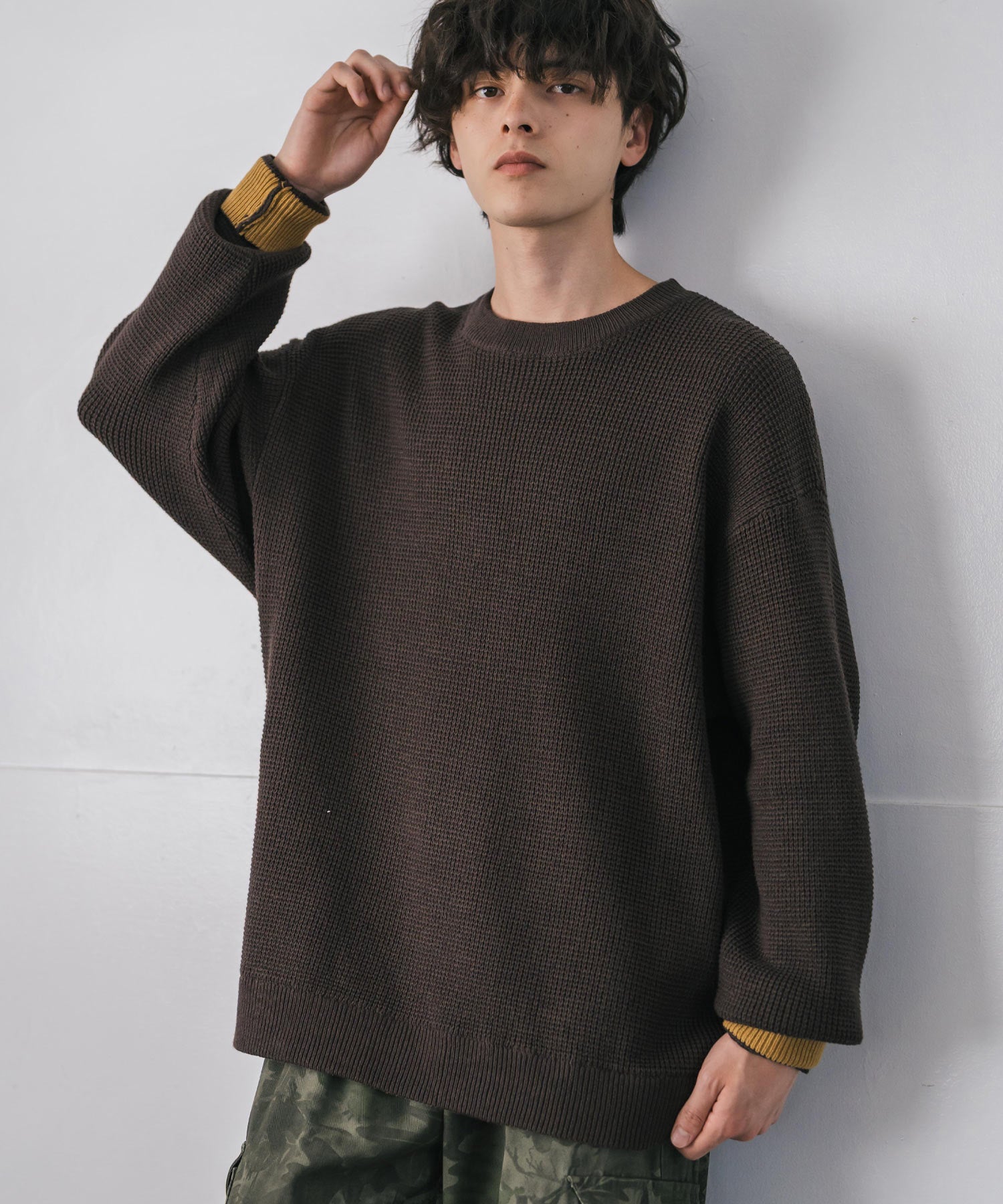 ロッキーモンロー Rocky Monroe ワッフルニット セーター 無地 メンズ レディース 長袖 配色 綿混 オーバーサイズ ビッグシルエット リラックス カジュアル きれいめ 洗える 14546 (グリーン) グリーン